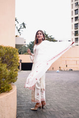 Pavitra Punia in Gul-Khera - Ivory White Chanderi Embroidered Suit Set.
