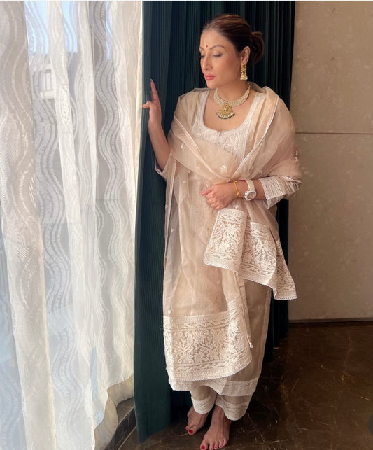 Urvashi Dholakia in Hazel Beige Chanderi Suit Set