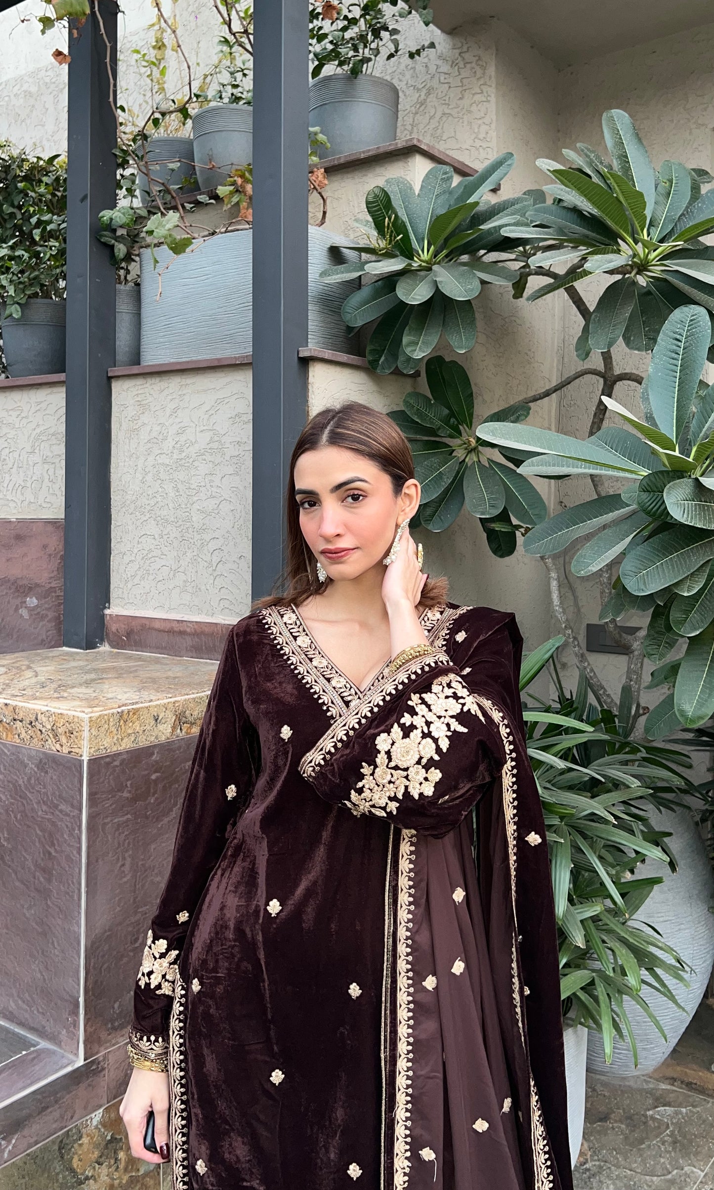 Shreya Lakhani in SWARA - Velvet Brown Straight Suit Set.