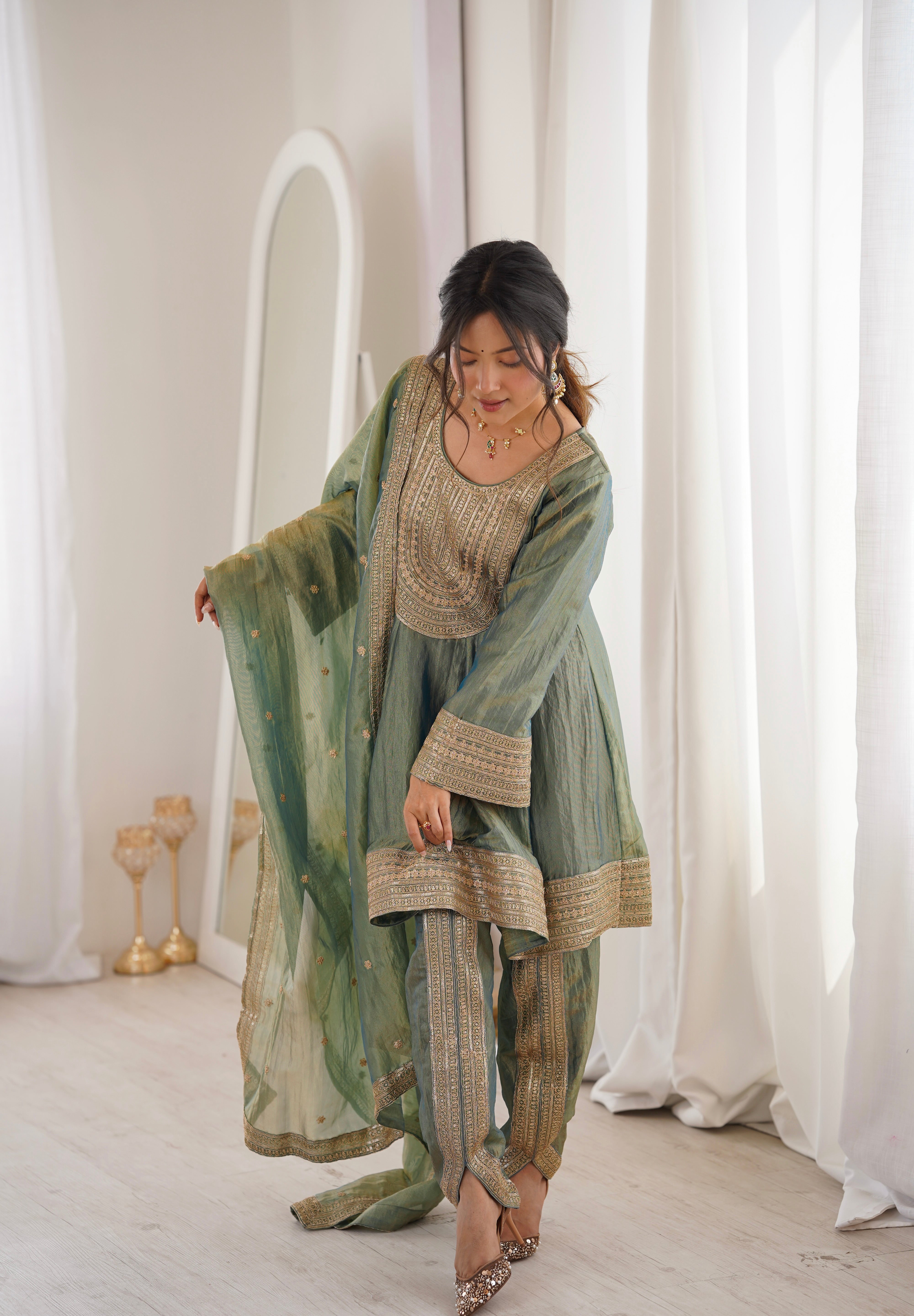 Arti Chauhan in ZIA - Sage Blue Tissue-Organza Anarkali Set.