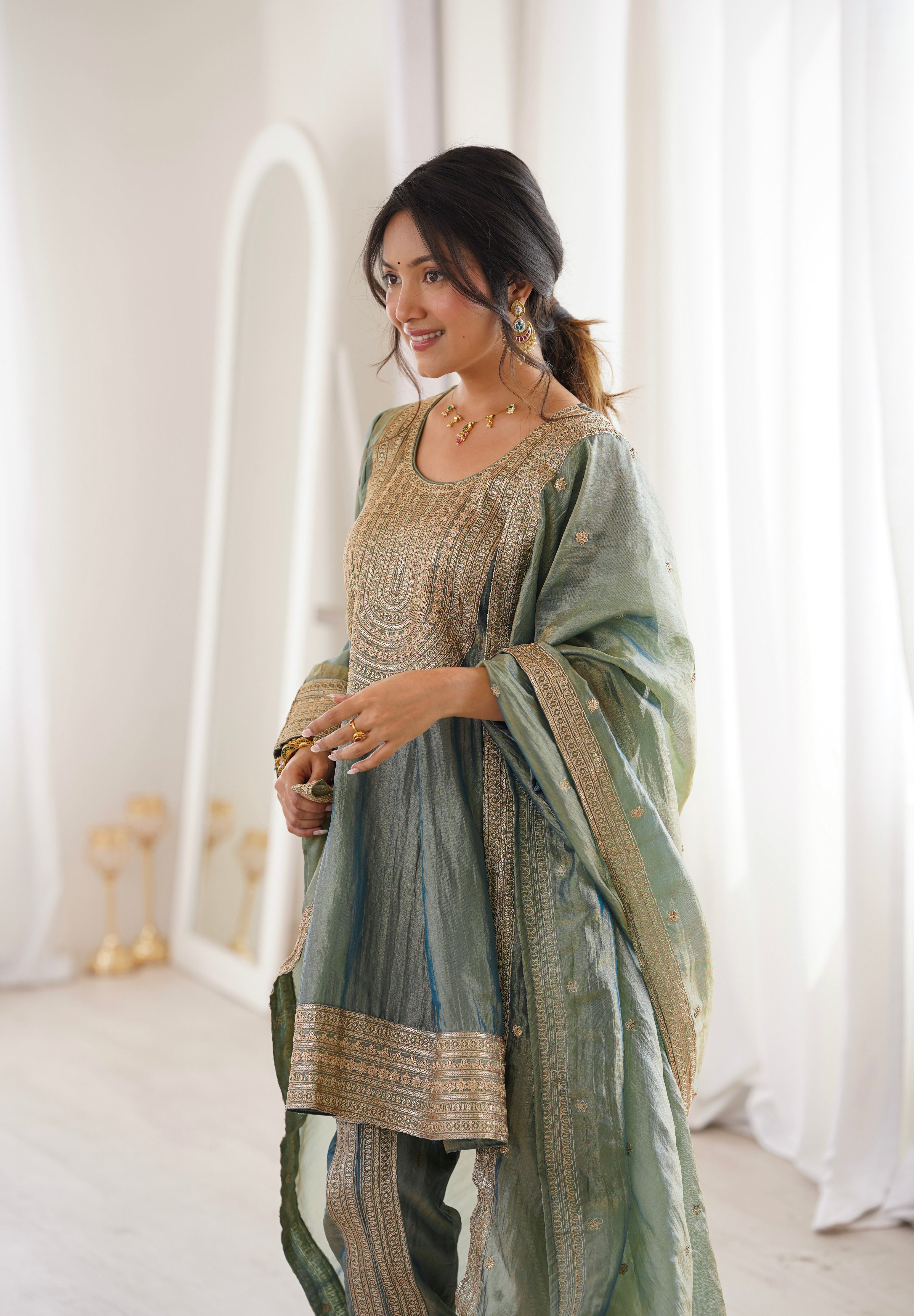 Arti Chauhan in ZIA - Sage Blue Tissue-Organza Anarkali Set.