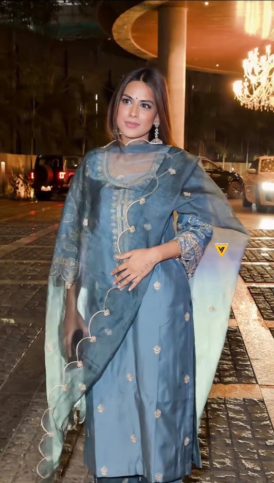 Nia Sharma in FARHIA - Teal Blue Chanderi Suit Set