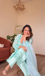 POOJA (@thefashionchauvinst) in ROSHINI - Sea Green Chanderi Suit Set