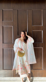 Shreya Lakhani in Gul-Khera - Ivory White Chanderi Embroidered Suit Set.