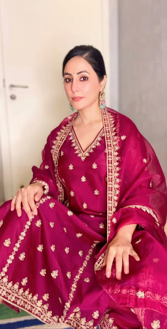 Hina Khan in Khushnir - Wine Chanderi Embroidered Suit Set