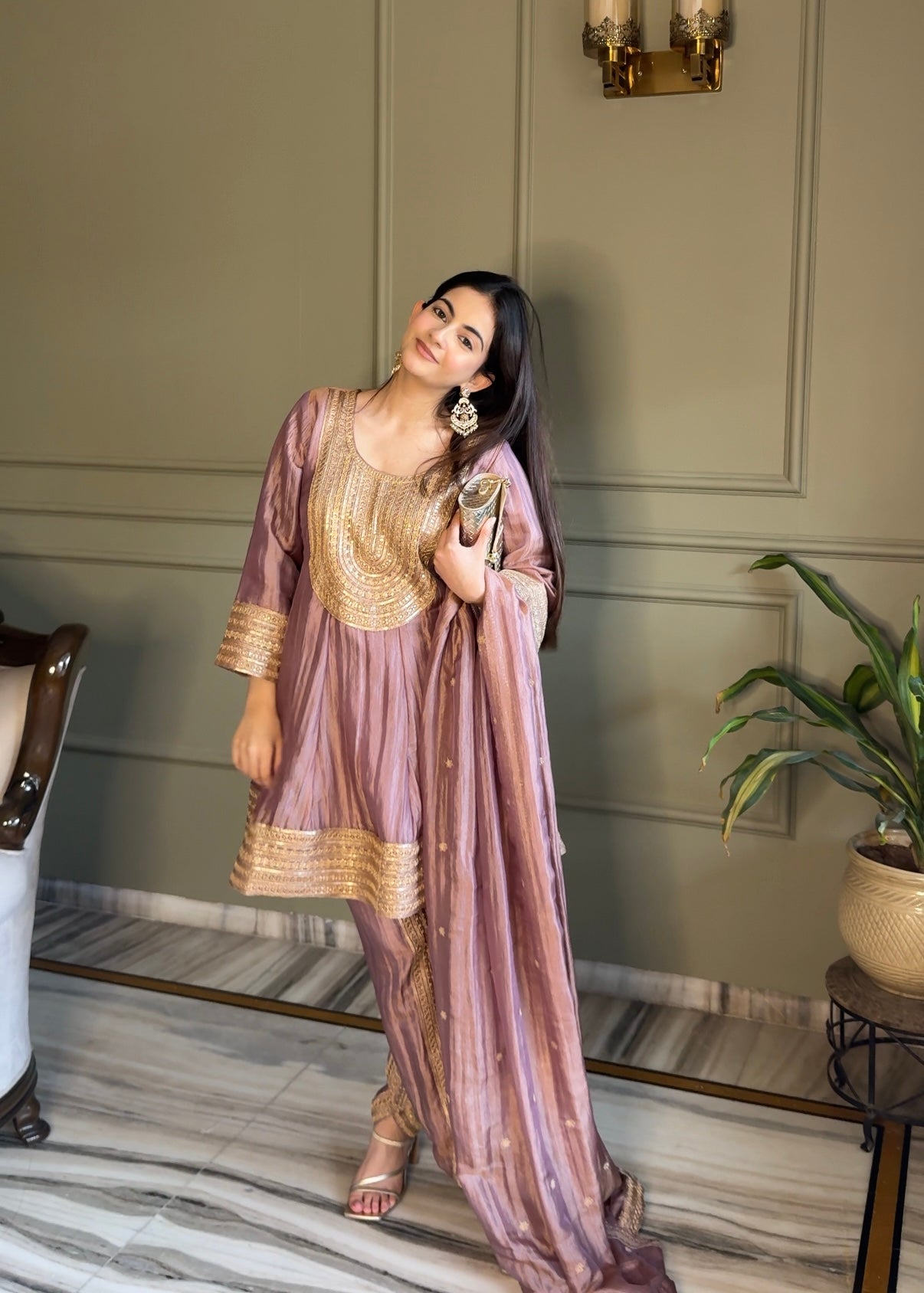 Jannat Khurana in ZAREEN - Antique Mauve Tissue-Organza Anarkali Set.