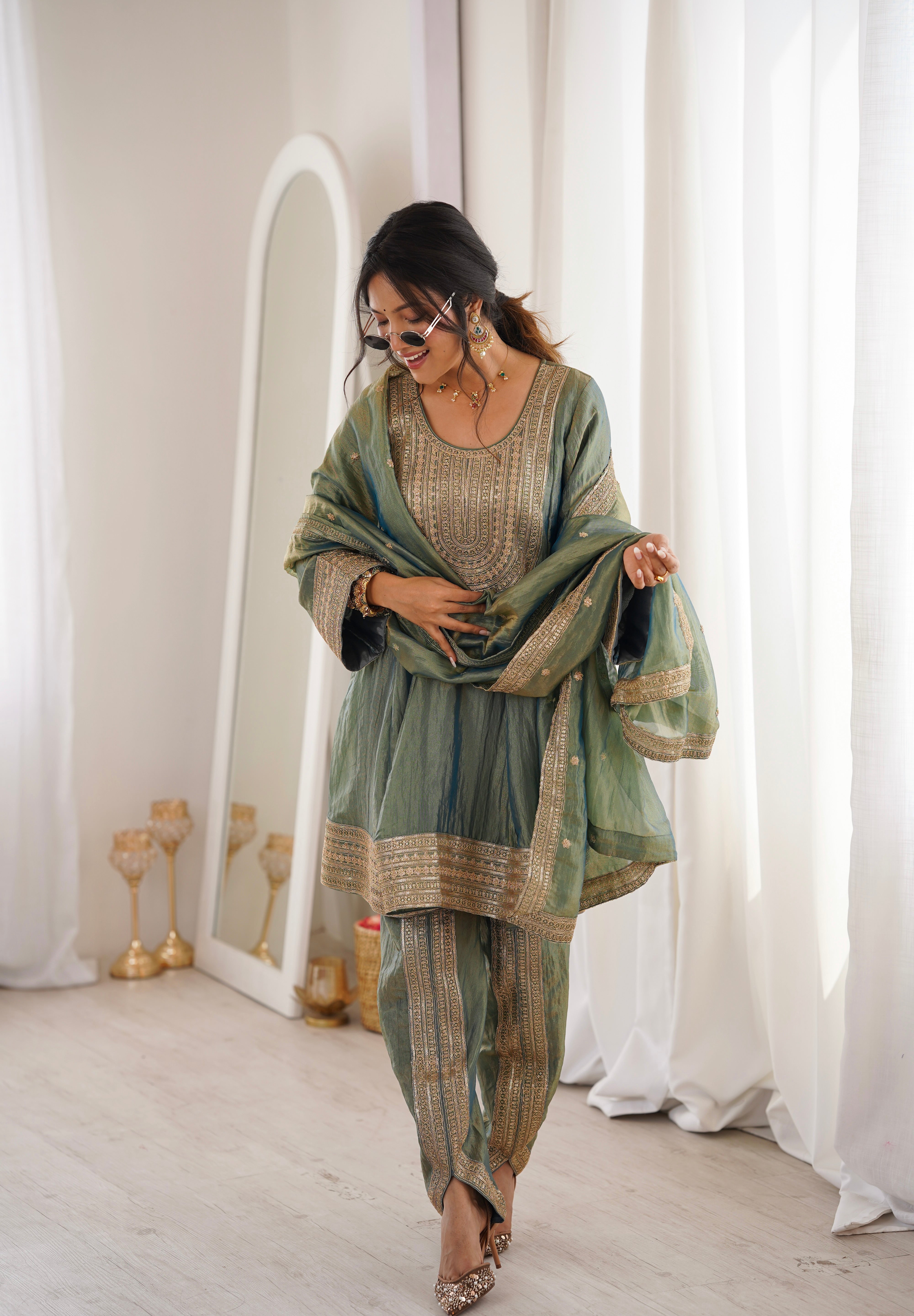 Arti Chauhan in ZIA - Sage Blue Tissue-Organza Anarkali Set.