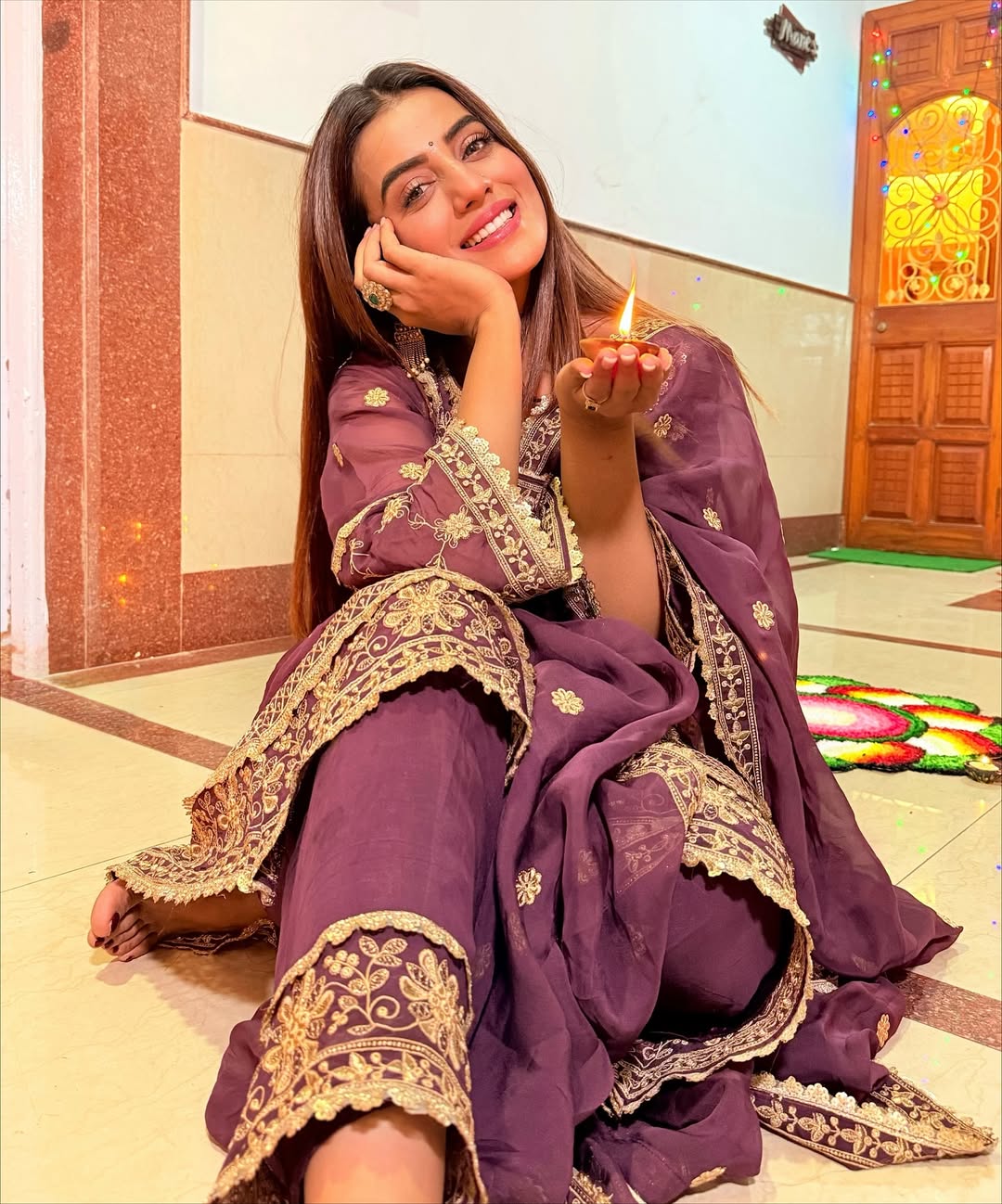 Akshara Singh in IRA - Purple Organza A-line Suit Set