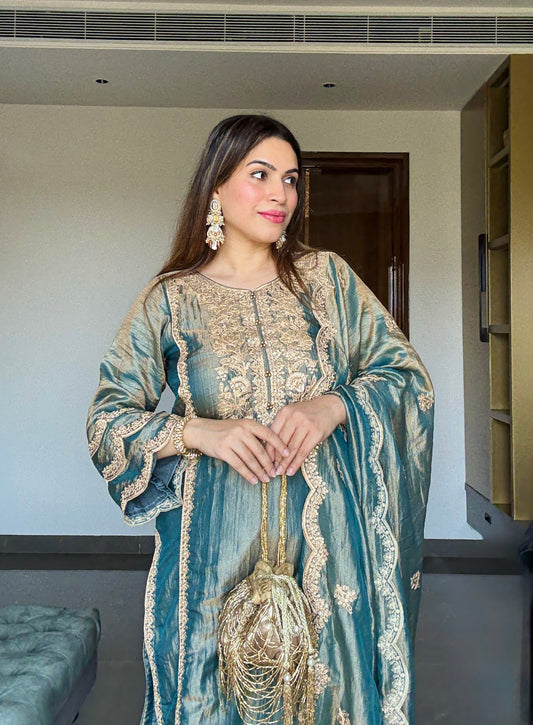 Kanika Khatri in HAYA - Sage Blue Tissue-Organza Suit Set