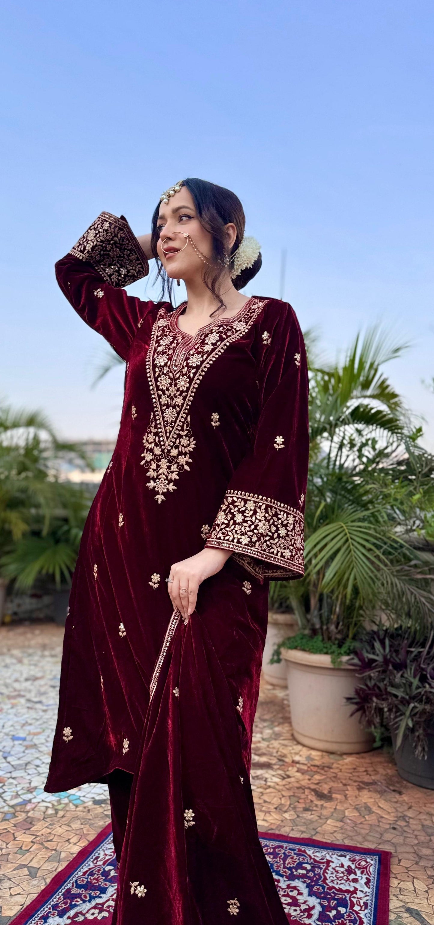 Himani Sharma in SAAZ - Velvet Maroon Straight Suit Set.