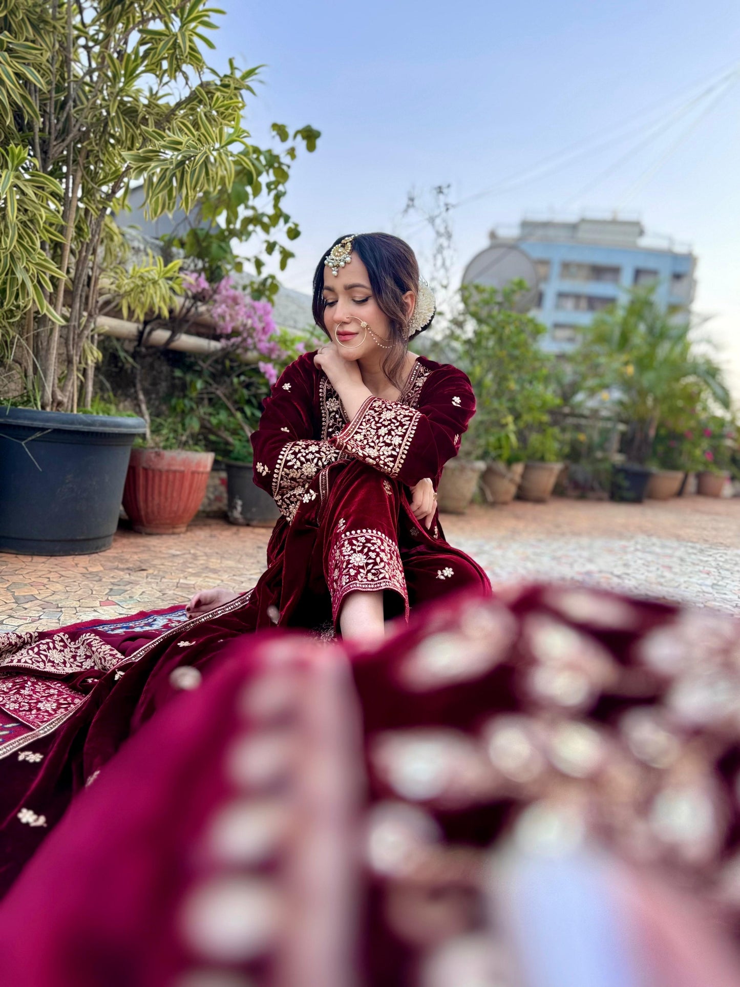 Himani Sharma in SAAZ - Velvet Maroon Straight Suit Set.