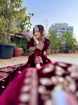 Himani Sharma in SAAZ - Velvet Maroon Straight Suit Set.