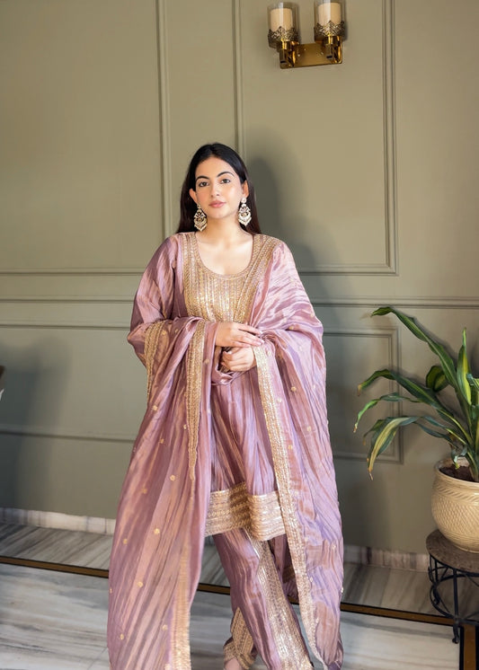 Jannat Khurana in ZAREEN - Antique Mauve Tissue-Organza Anarkali Set.