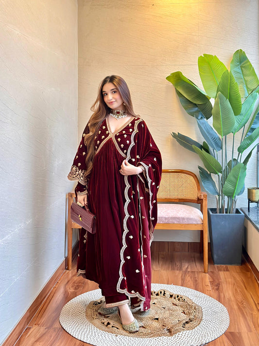 Tanya Sharma (@whattanyawore) in ANTARA - Velvet Maroon Anarkali Set