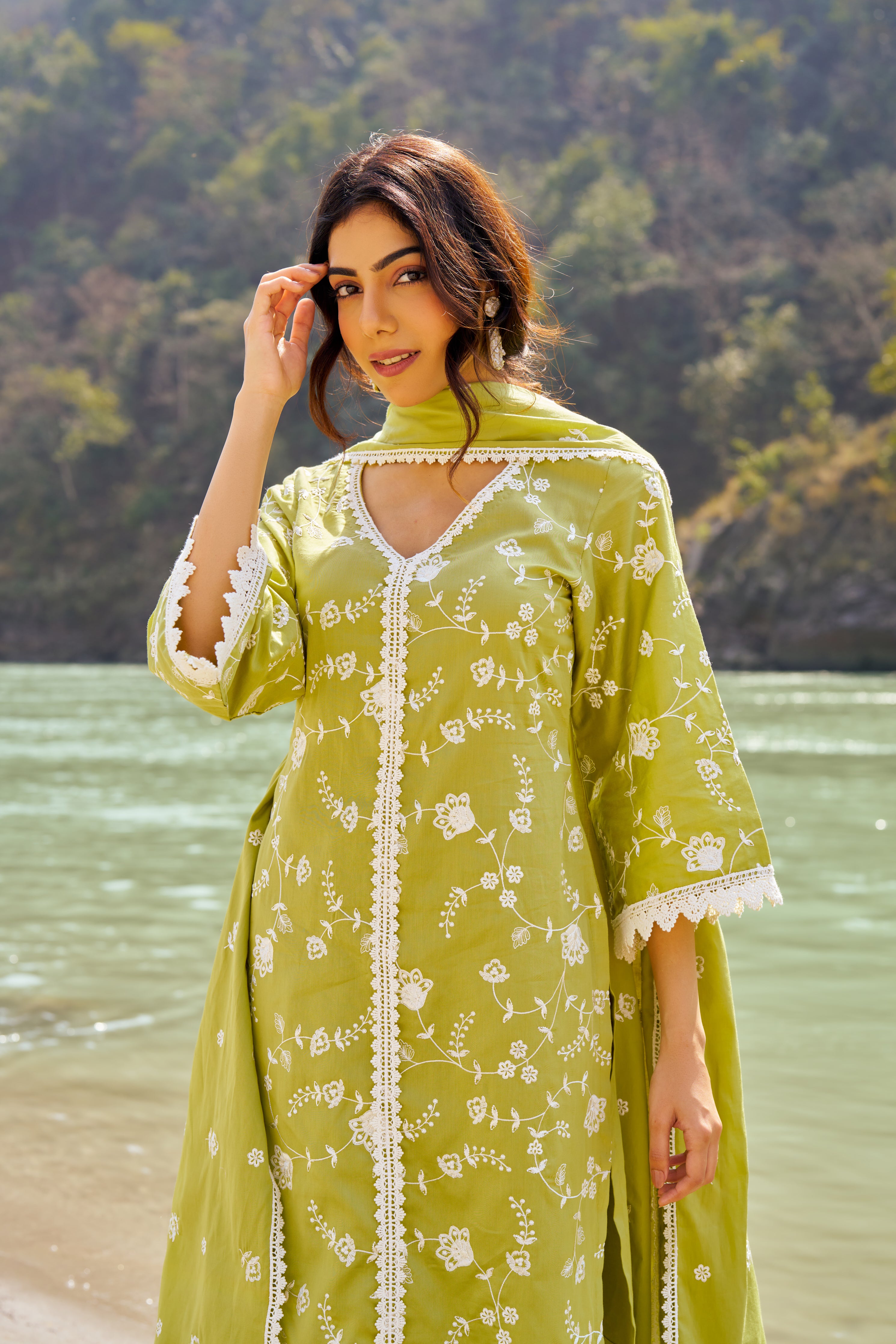 Silkeena Kaur in PRAKRITI - Green Cotton Suit Set