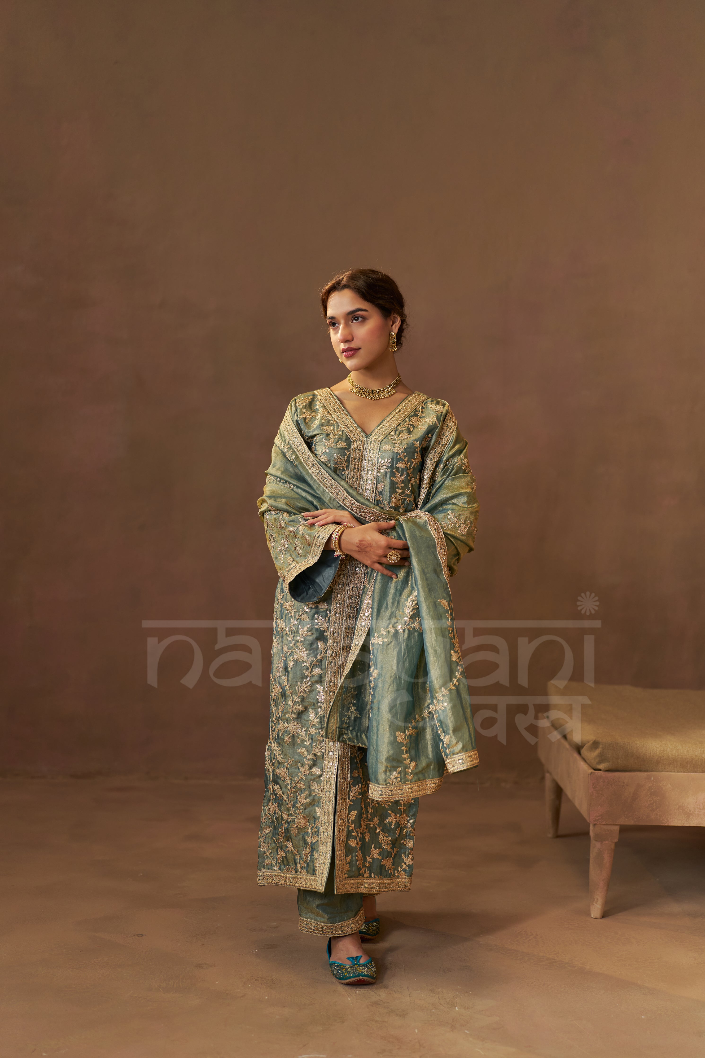 BARKHA - Sage Blue Tissue-Organza Suit Set