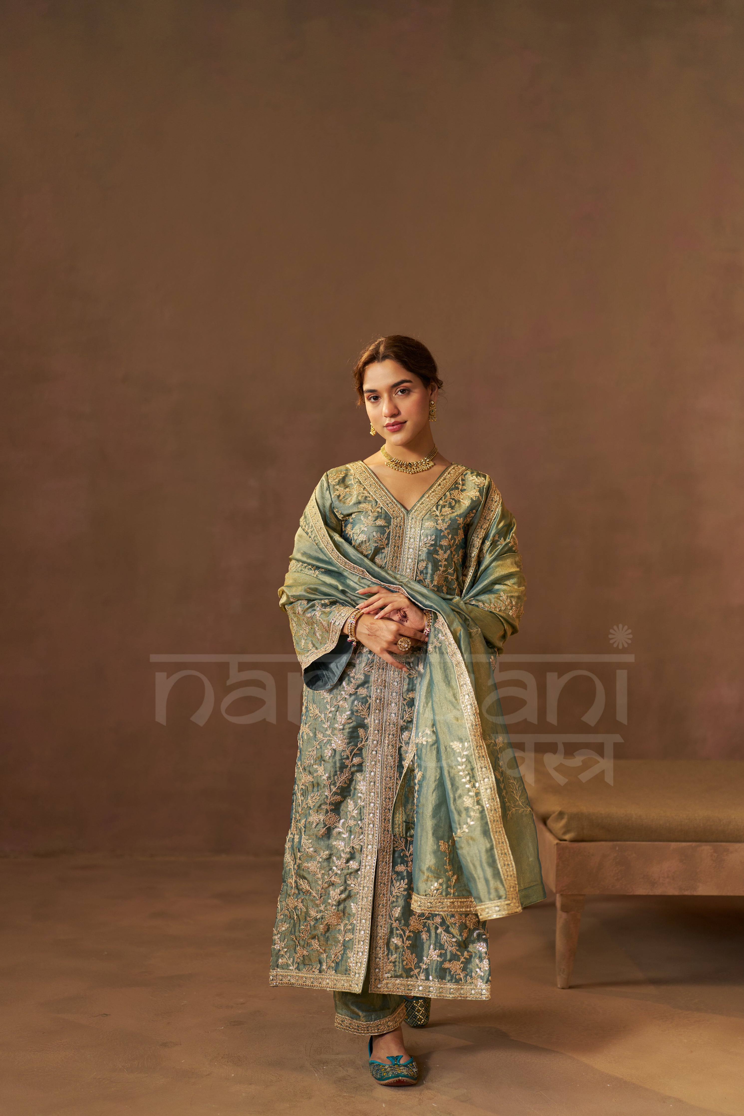 BARKHA - Sage Blue Tissue-Organza Suit Set