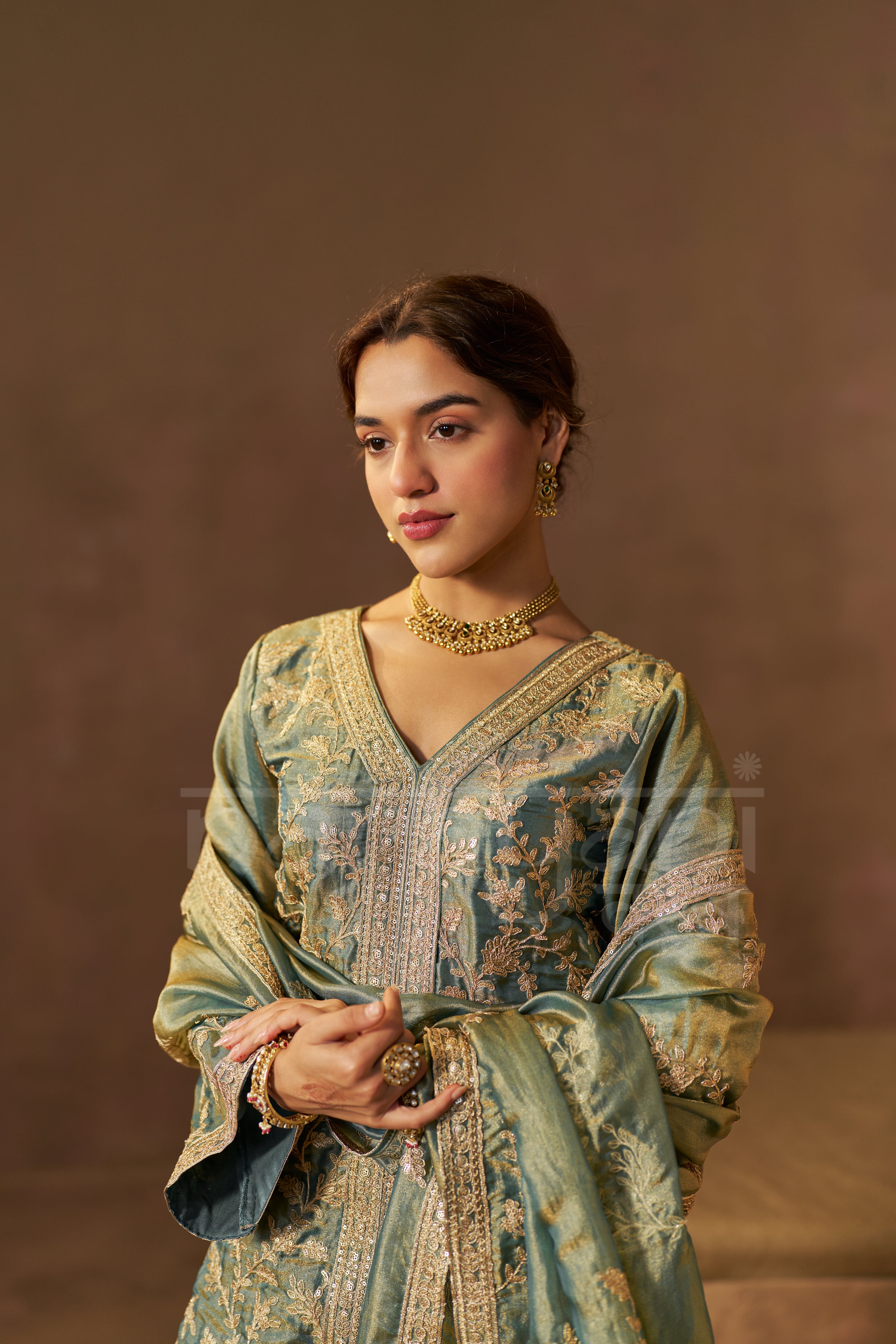 BARKHA - Sage Blue Tissue-Organza Suit Set
