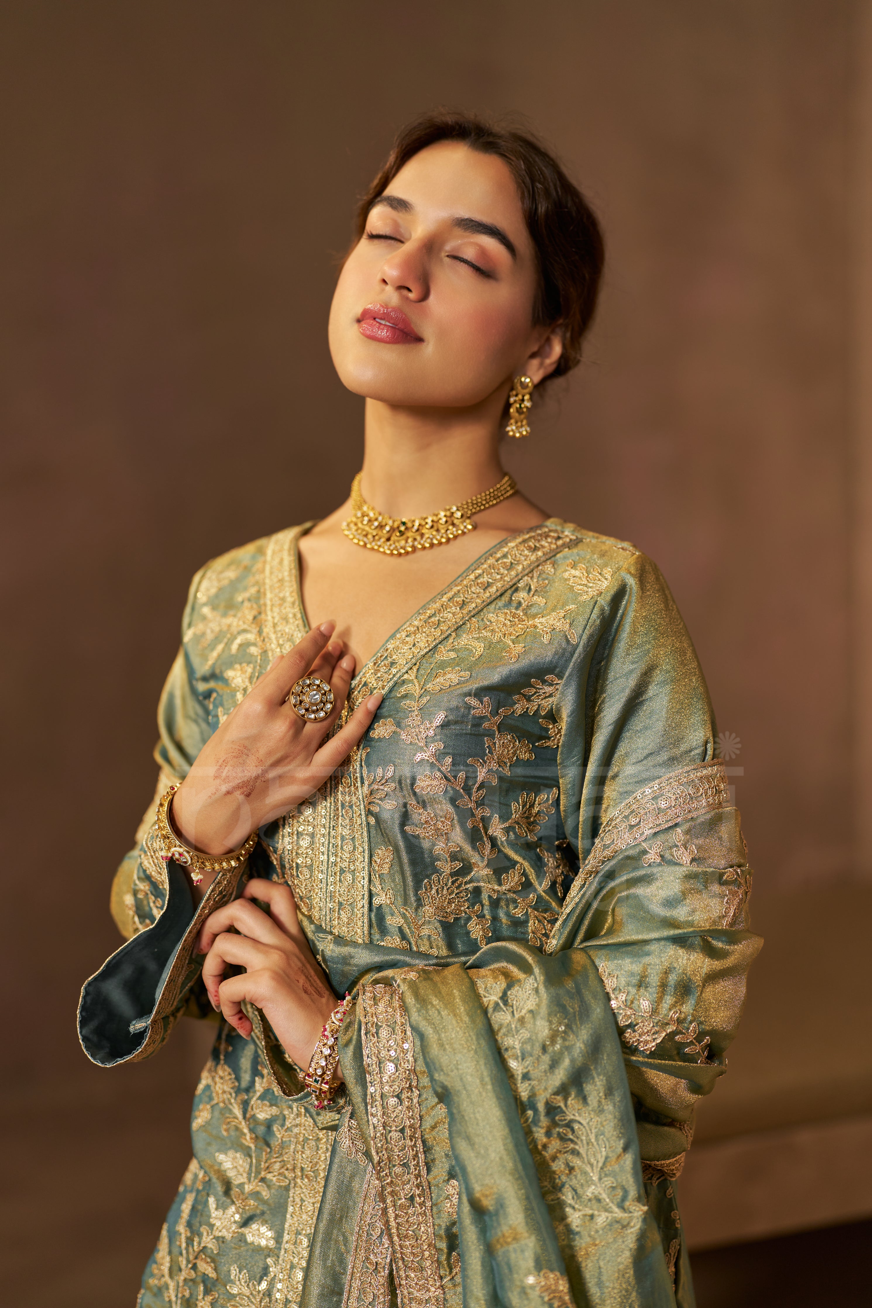 BARKHA - Sage Blue Tissue-Organza Suit Set