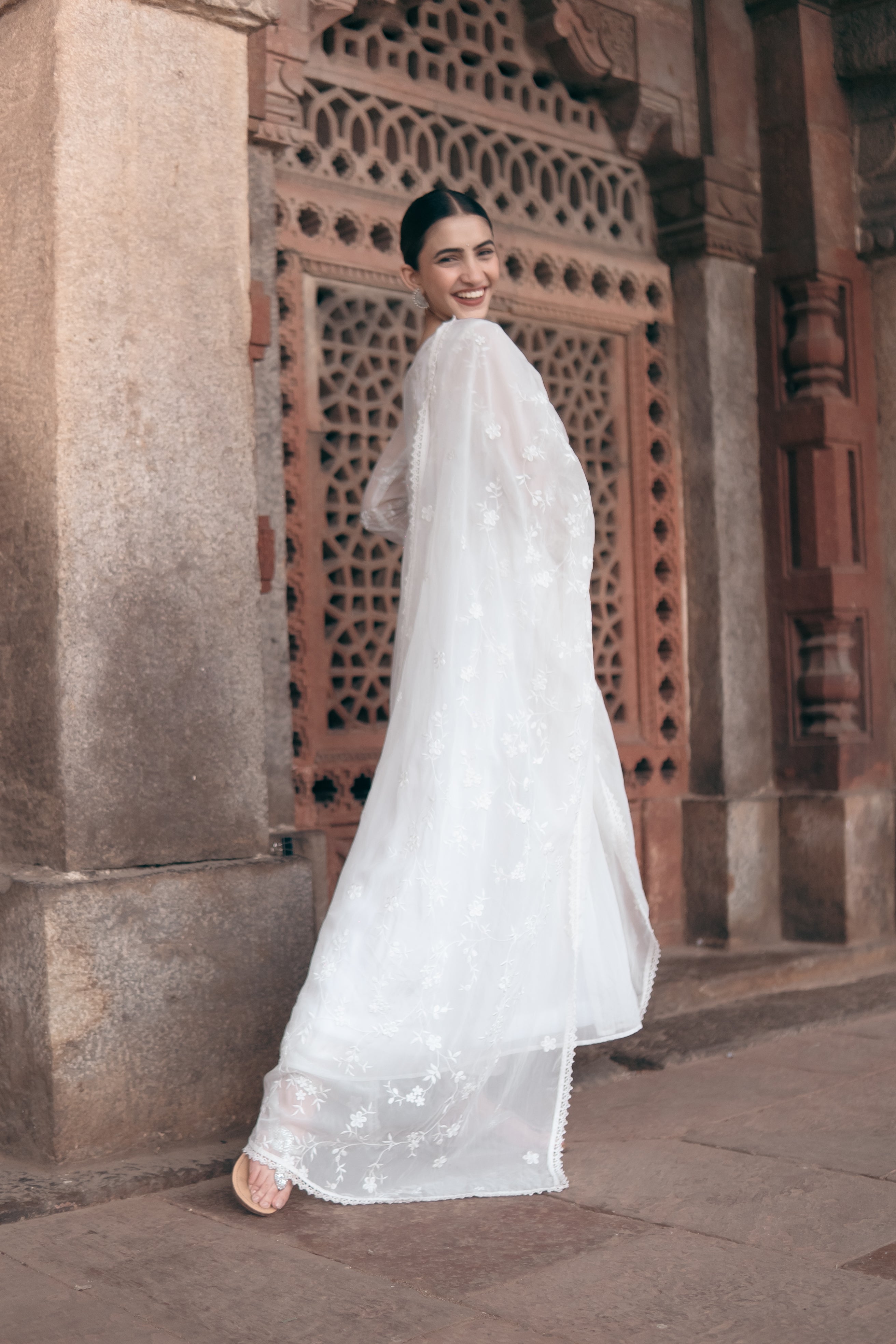 Shreya Lakhani in Aseem Ivory White Embroidered Anarkali Gown Set