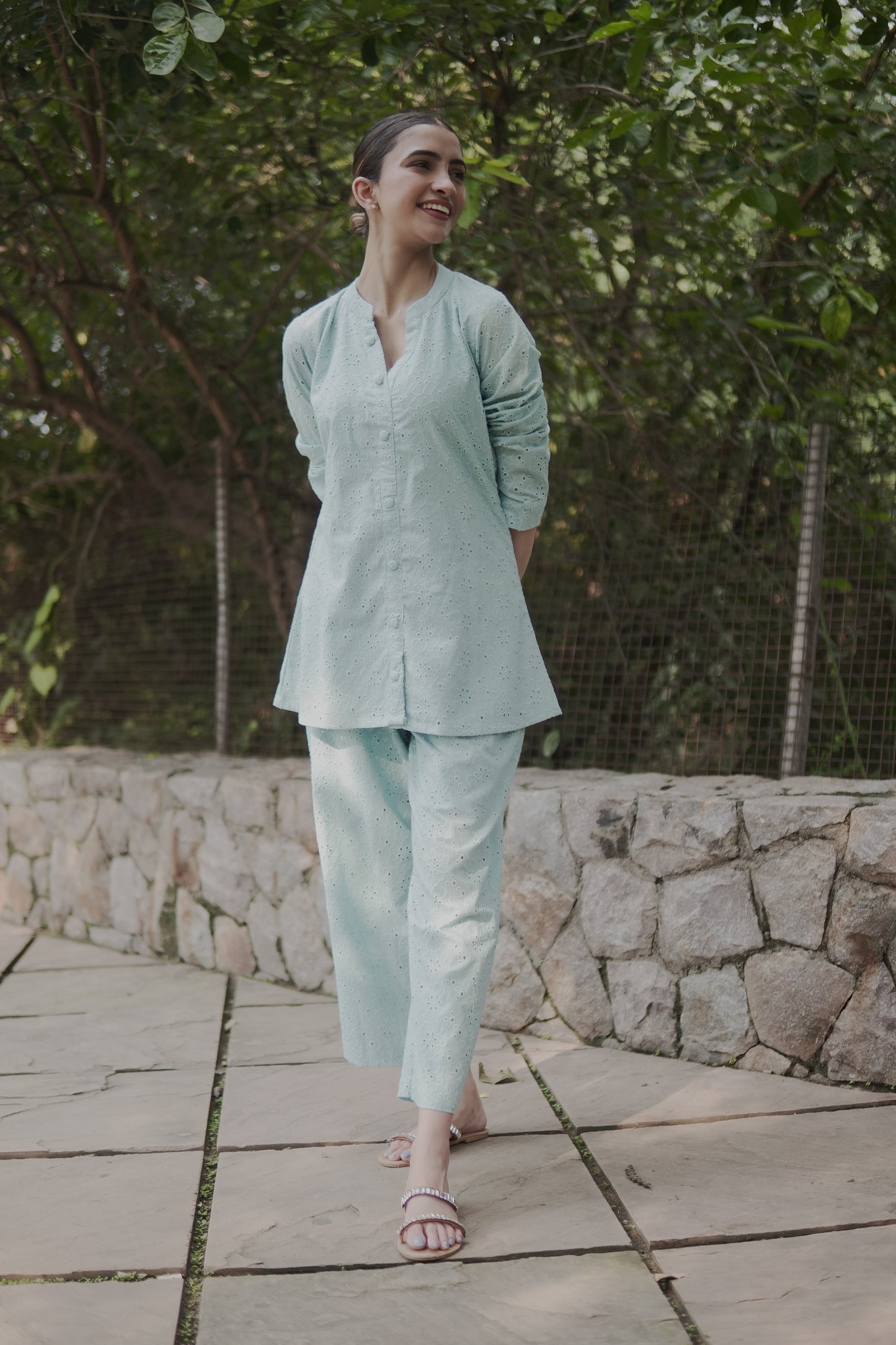 Shreya Lakhani in Blue Chikankari Summer Co-ord Set.