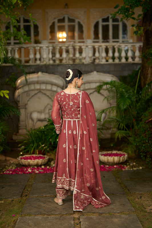 KAVYA - Rust Organza Anarkali Set.