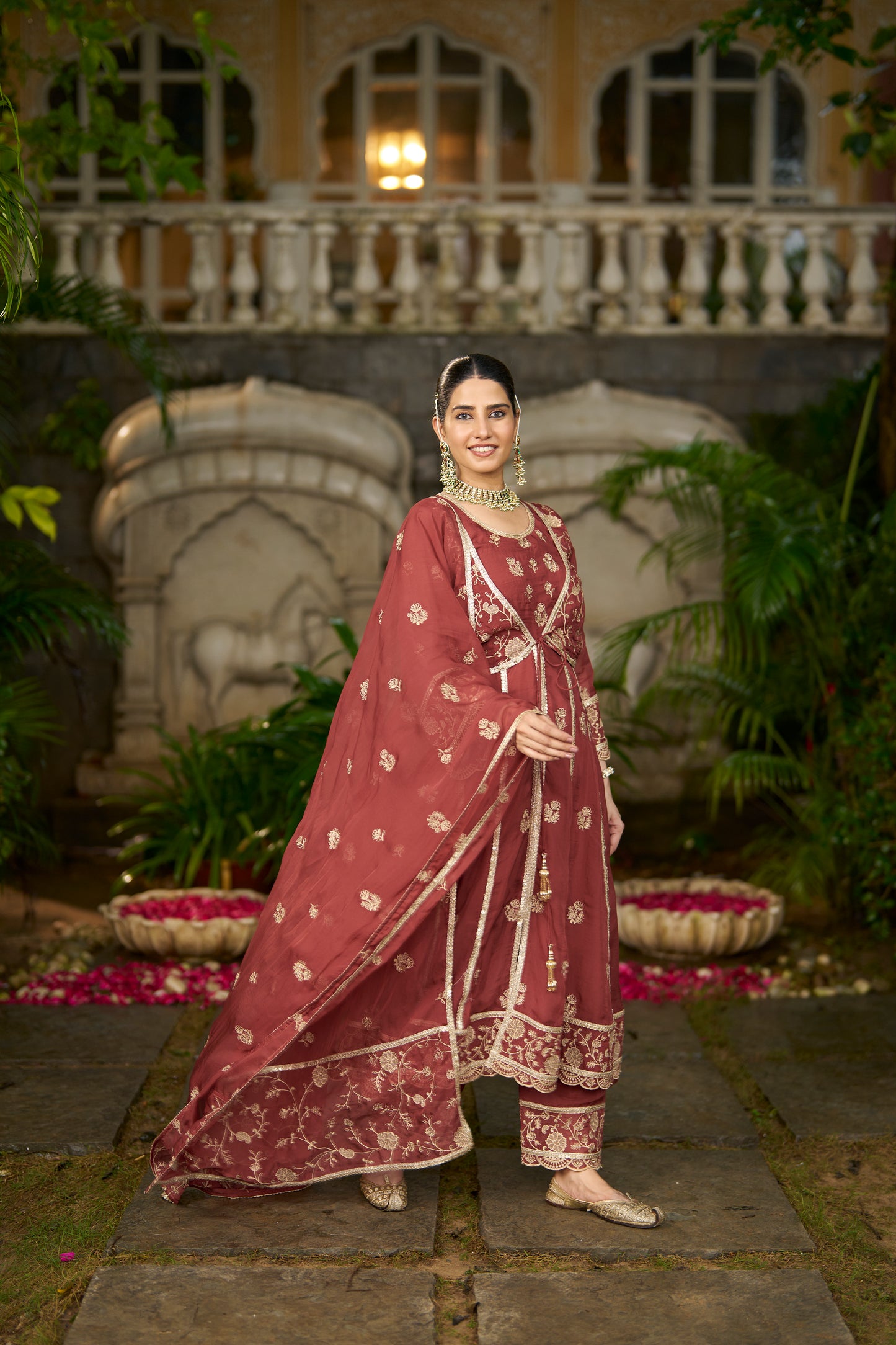 KAVYA - Rust Organza Anarkali Set.