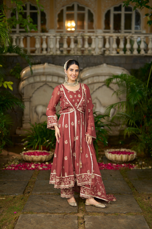 KAVYA - Rust Organza Anarkali Set.