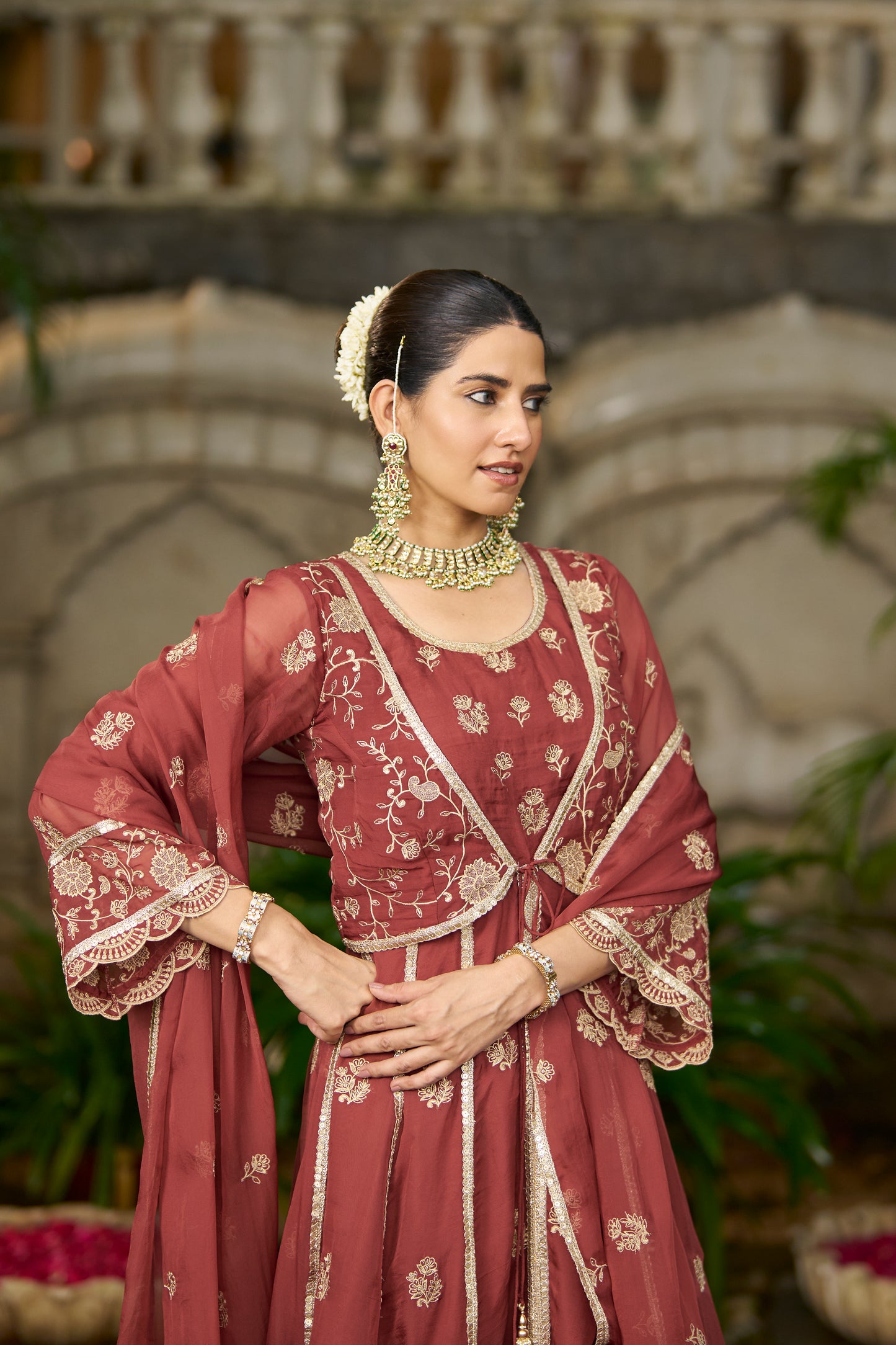 KAVYA - Rust Organza Anarkali Set.