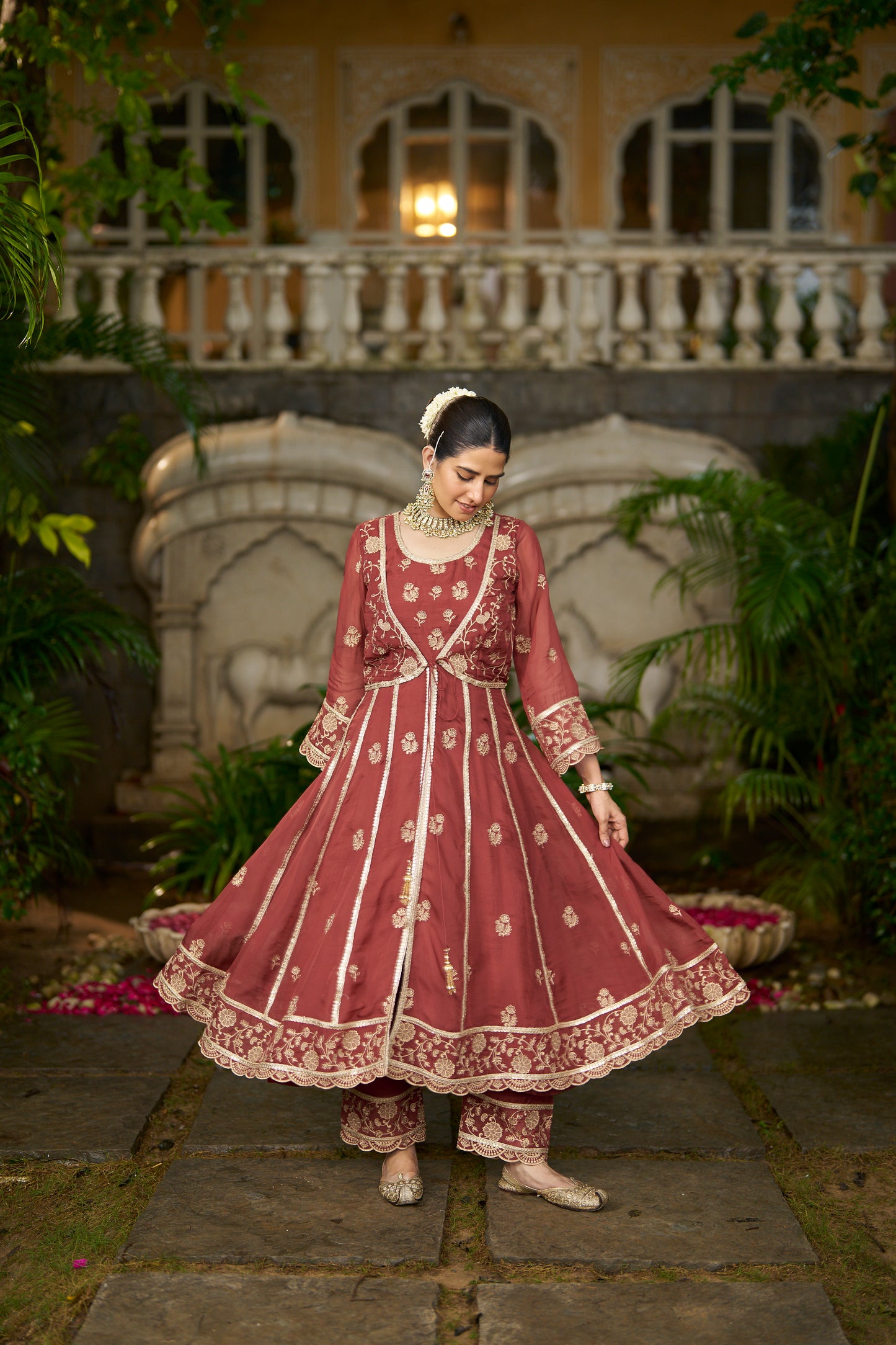 KAVYA - Rust Organza Anarkali Set.