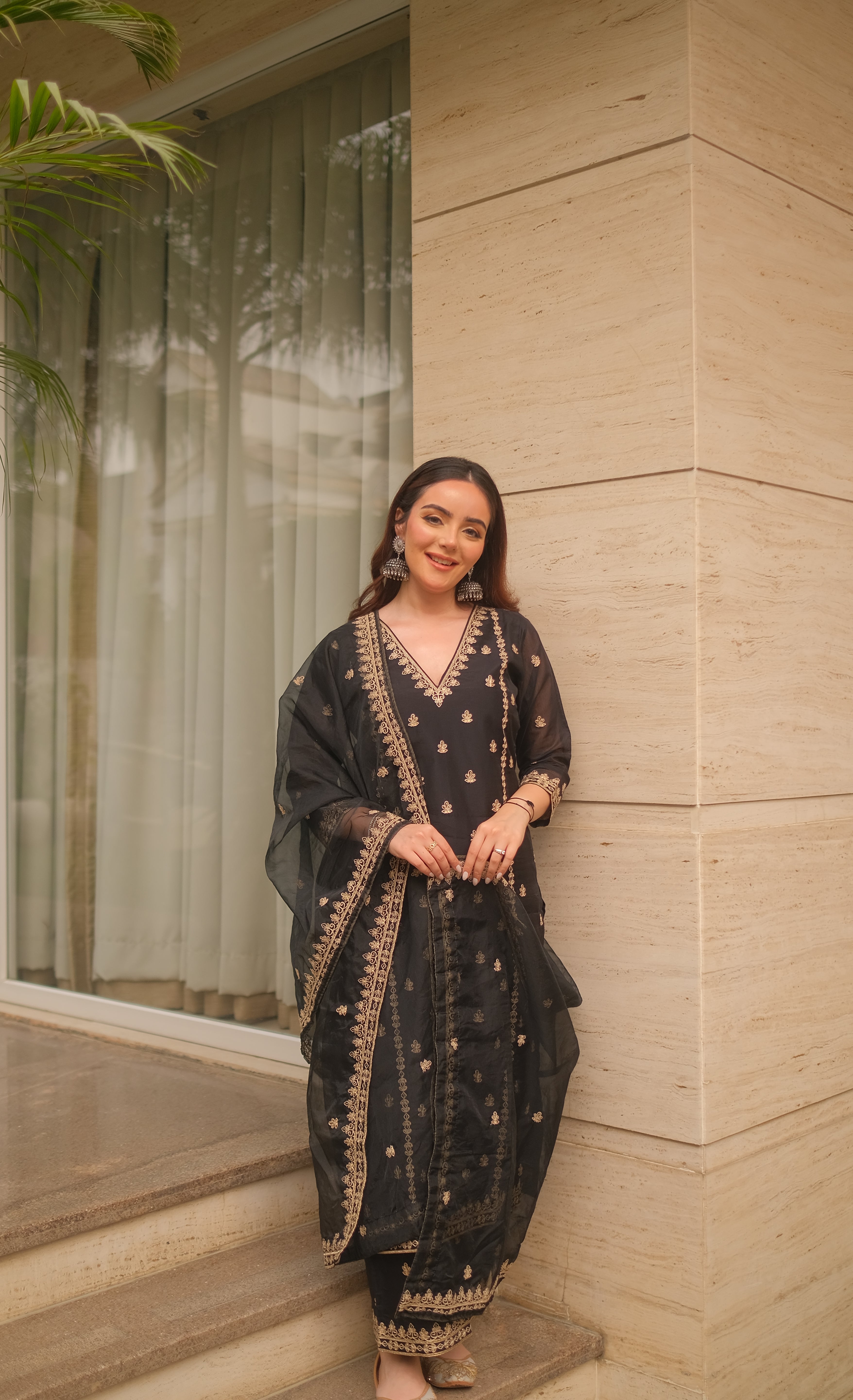 Simran Sethi in Fannah - Black Chanderi Embroidered Suit Set