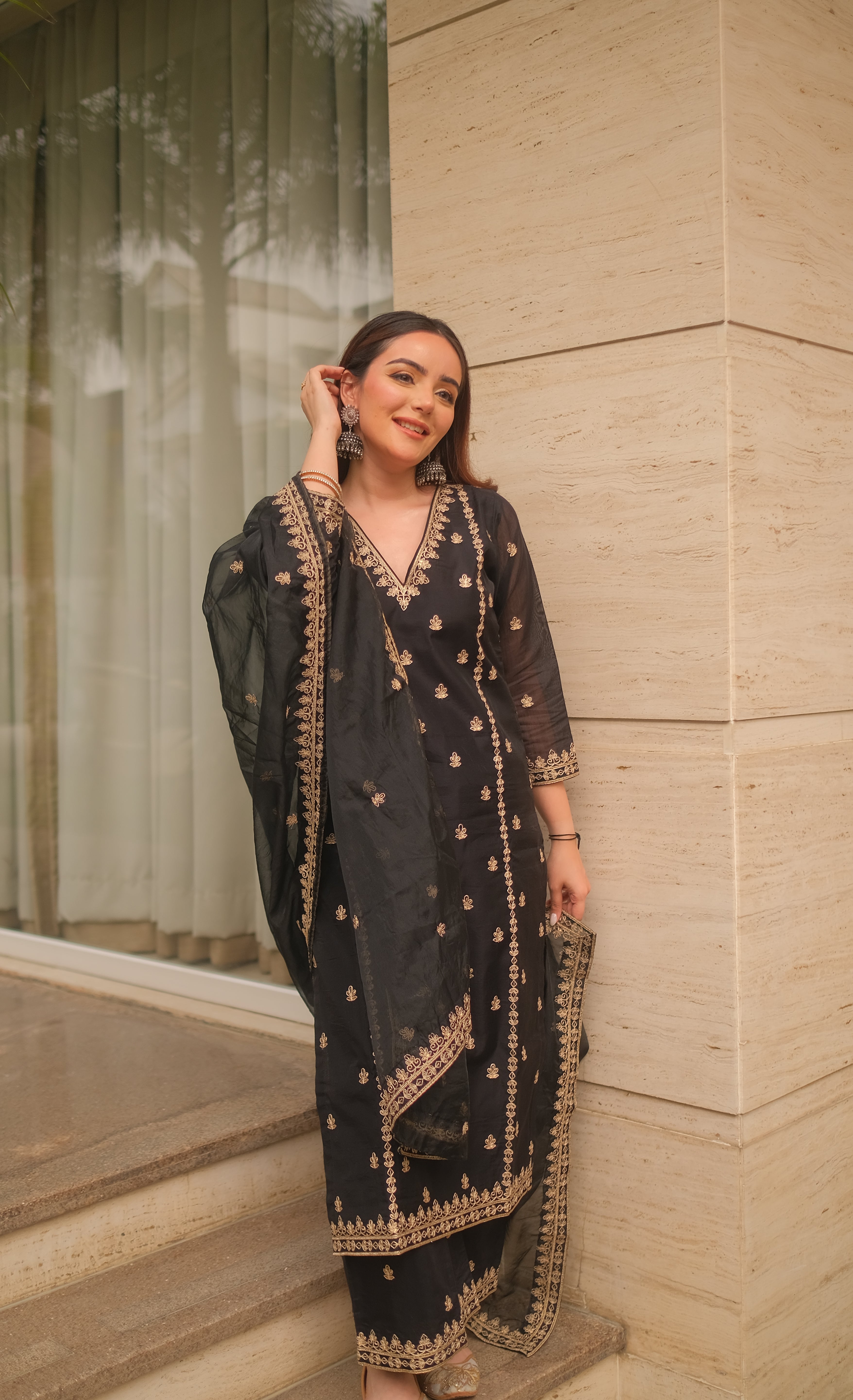 Simran Sethi in Fannah - Black Chanderi Embroidered Suit Set