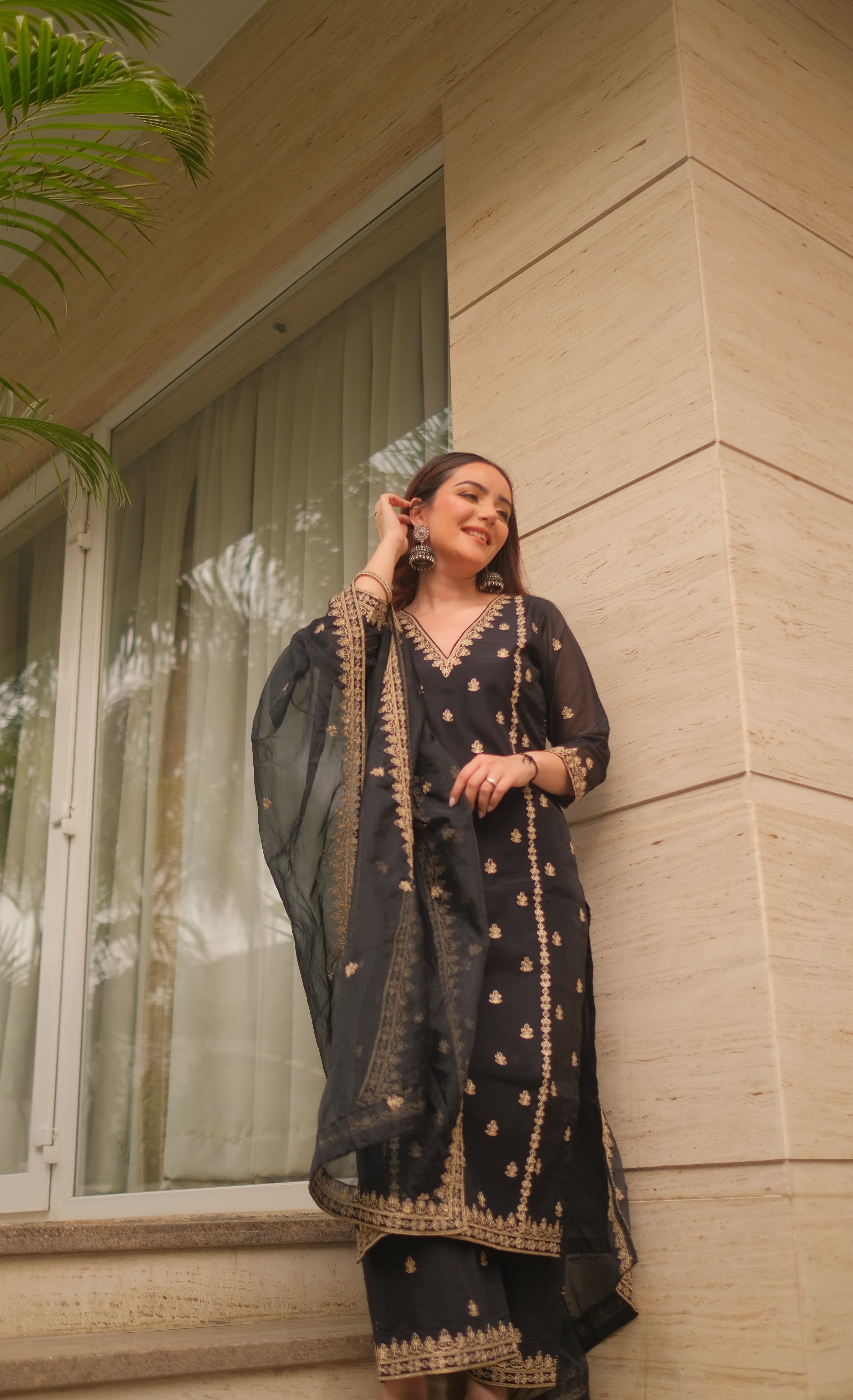 Simran Sethi in Fannah - Black Chanderi Embroidered Suit Set