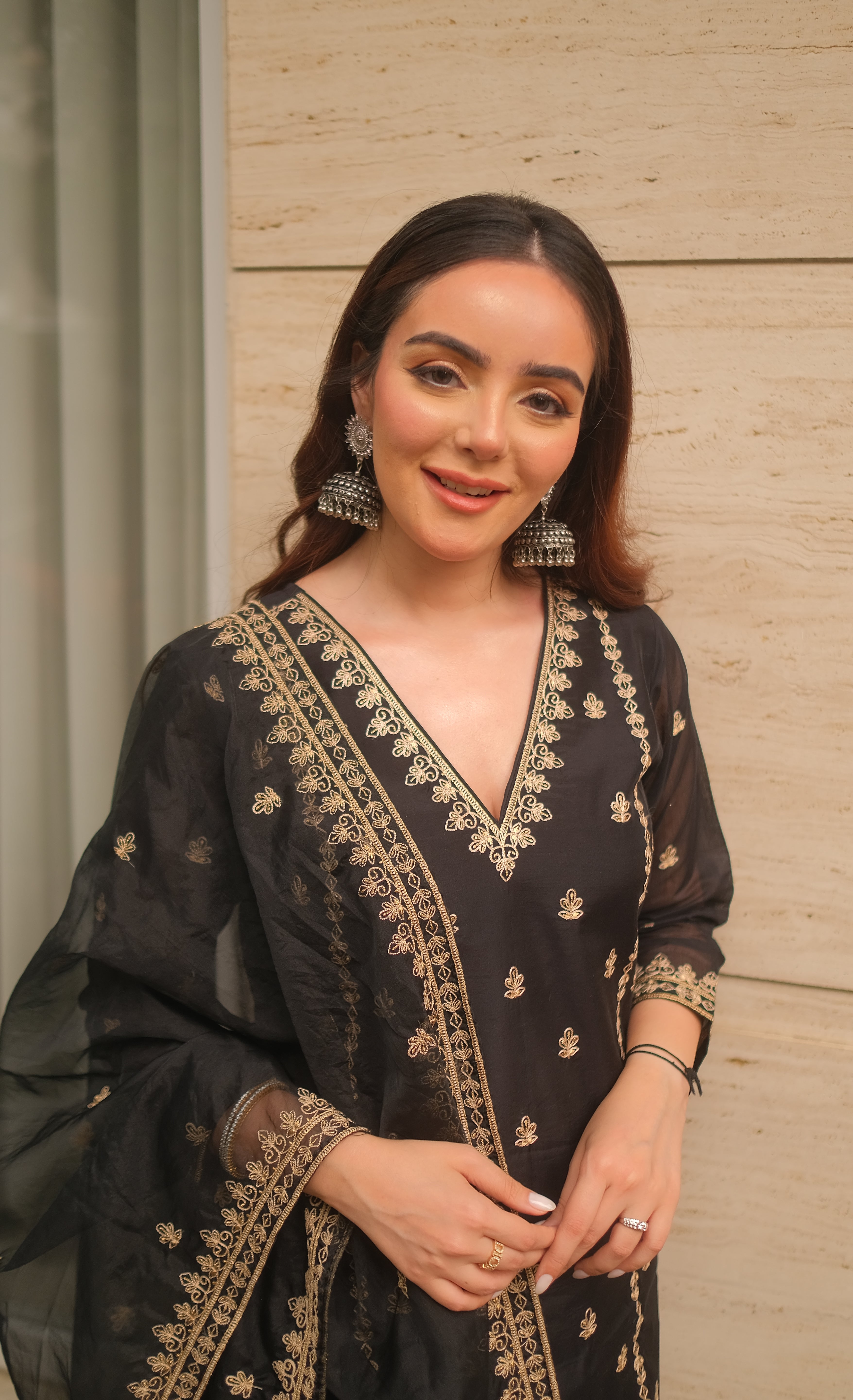 Simran Sethi in Fannah - Black Chanderi Embroidered Suit Set