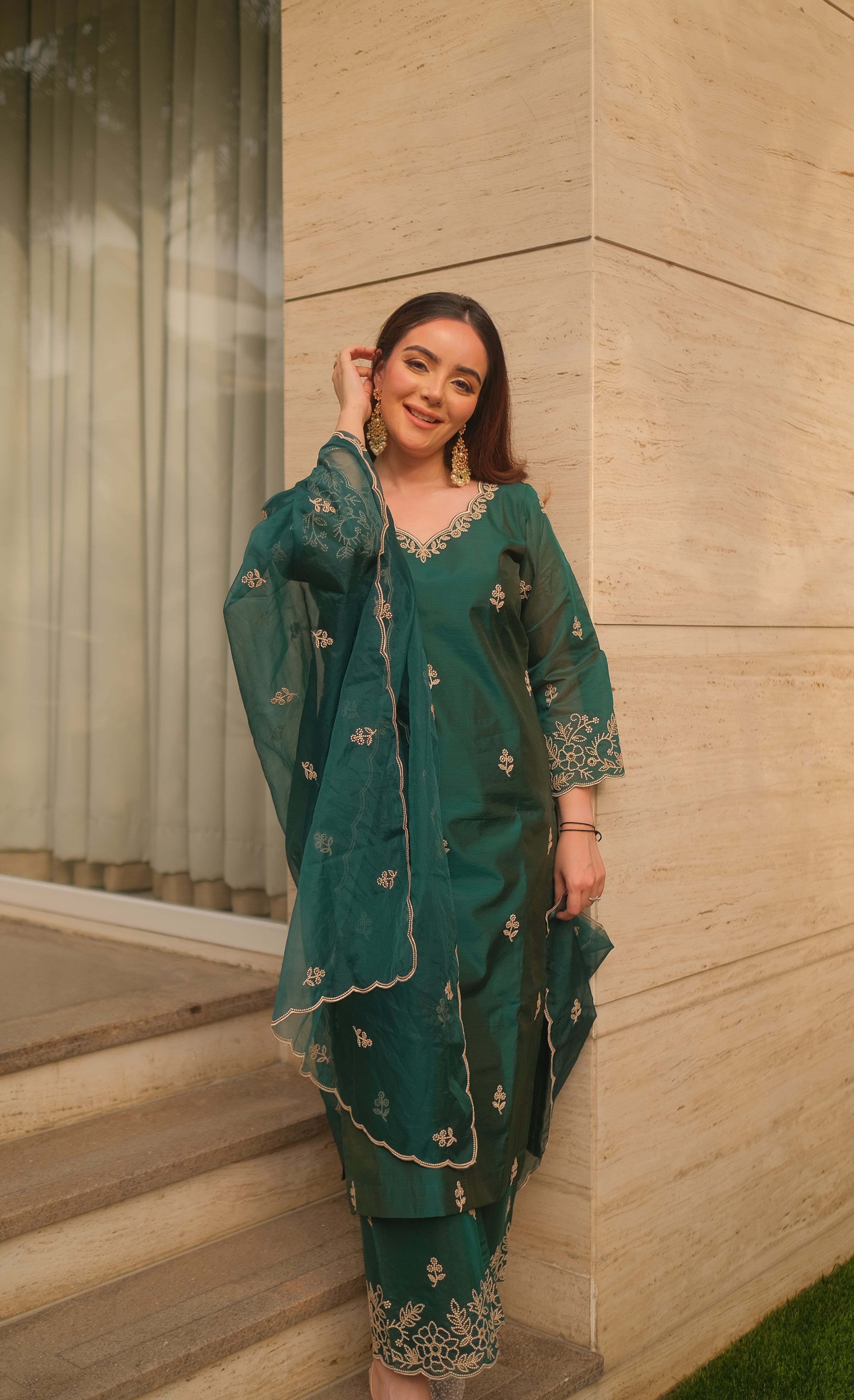 Simran Sethi in Suroor - Green Chanderi Embroidered Suit Set