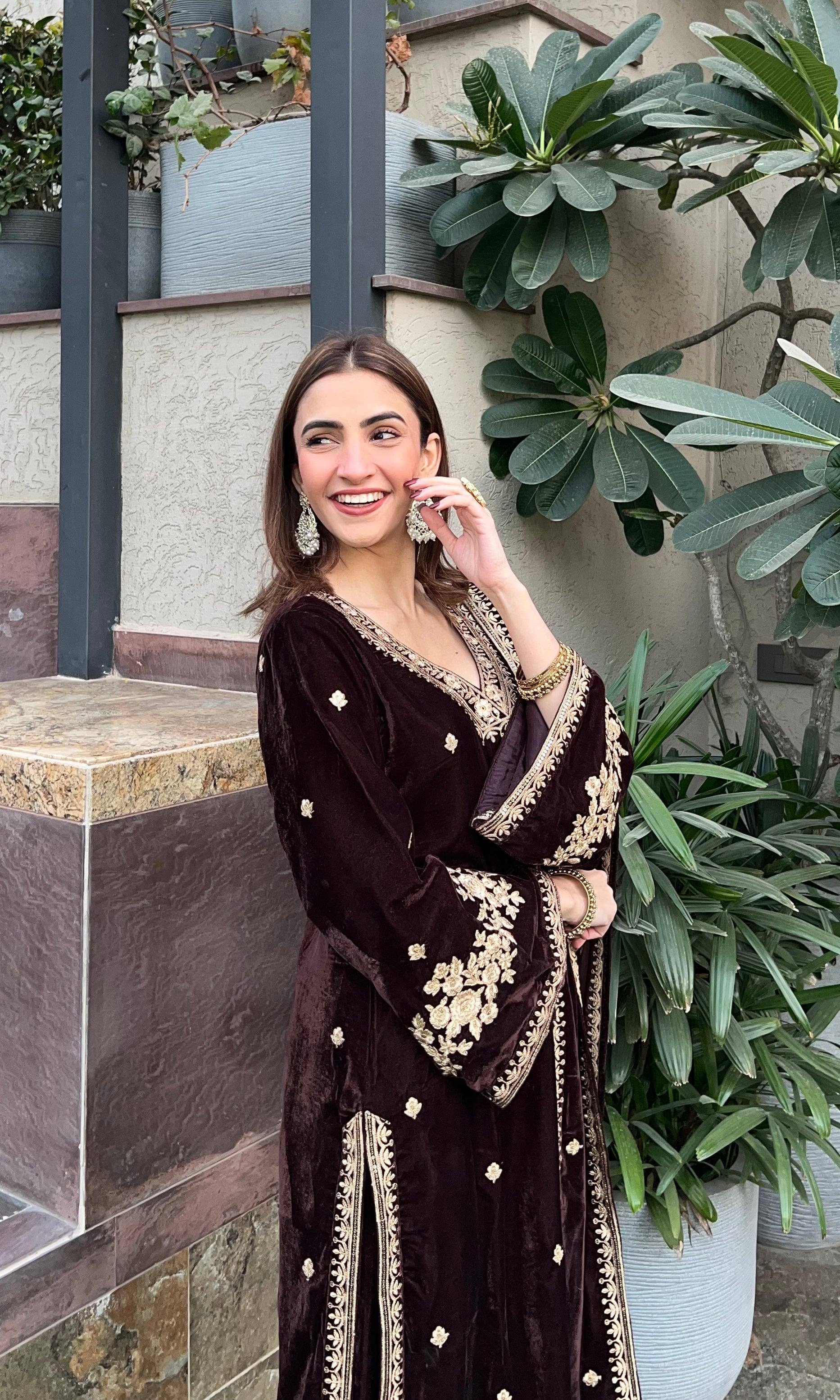 Shreya Lakhani in SWARA - Velvet Brown Straight Suit Set.