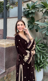 Shreya Lakhani in SWARA - Velvet Brown Straight Suit Set.