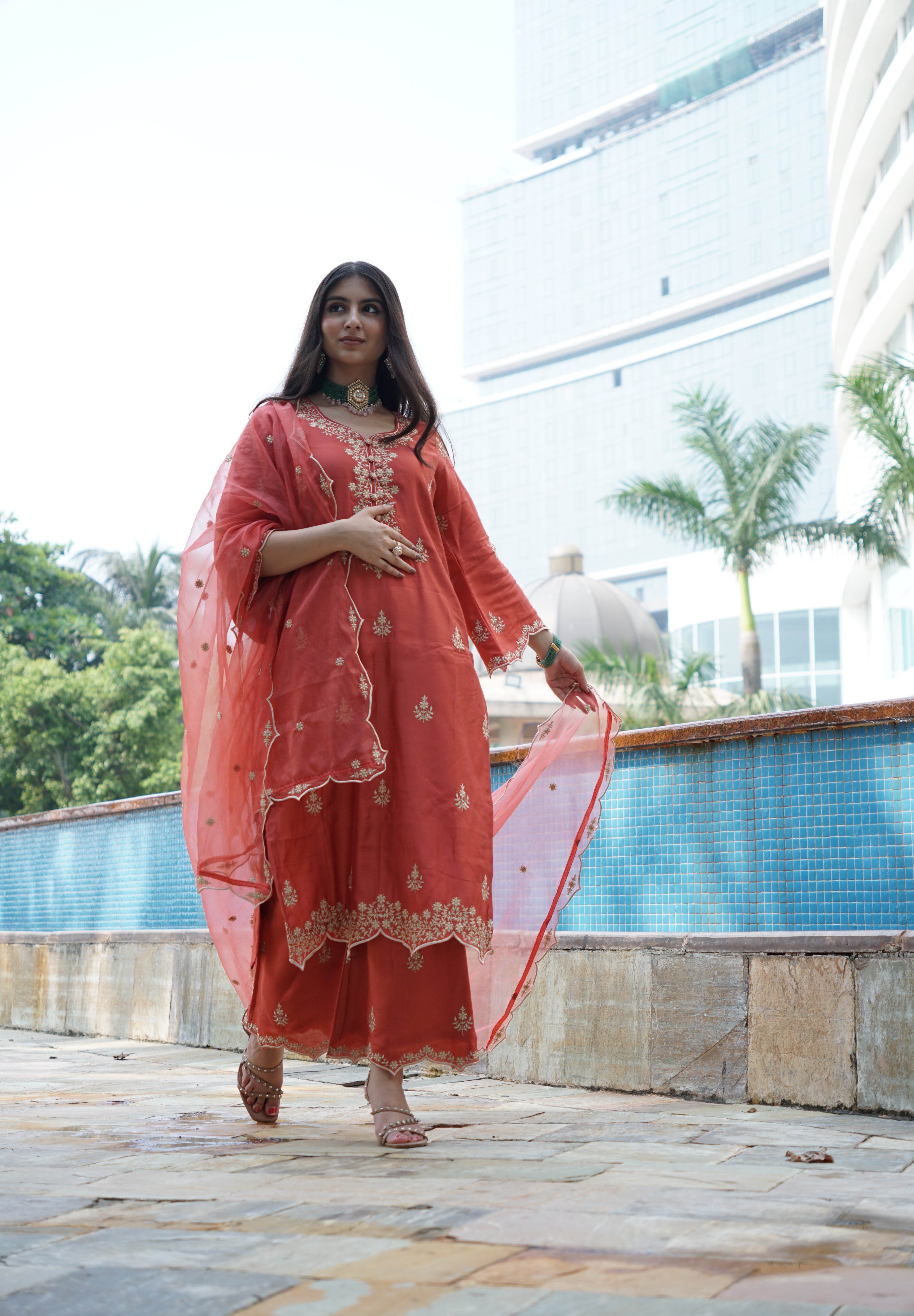 Kreesha in Rust Chanderi Suit Set