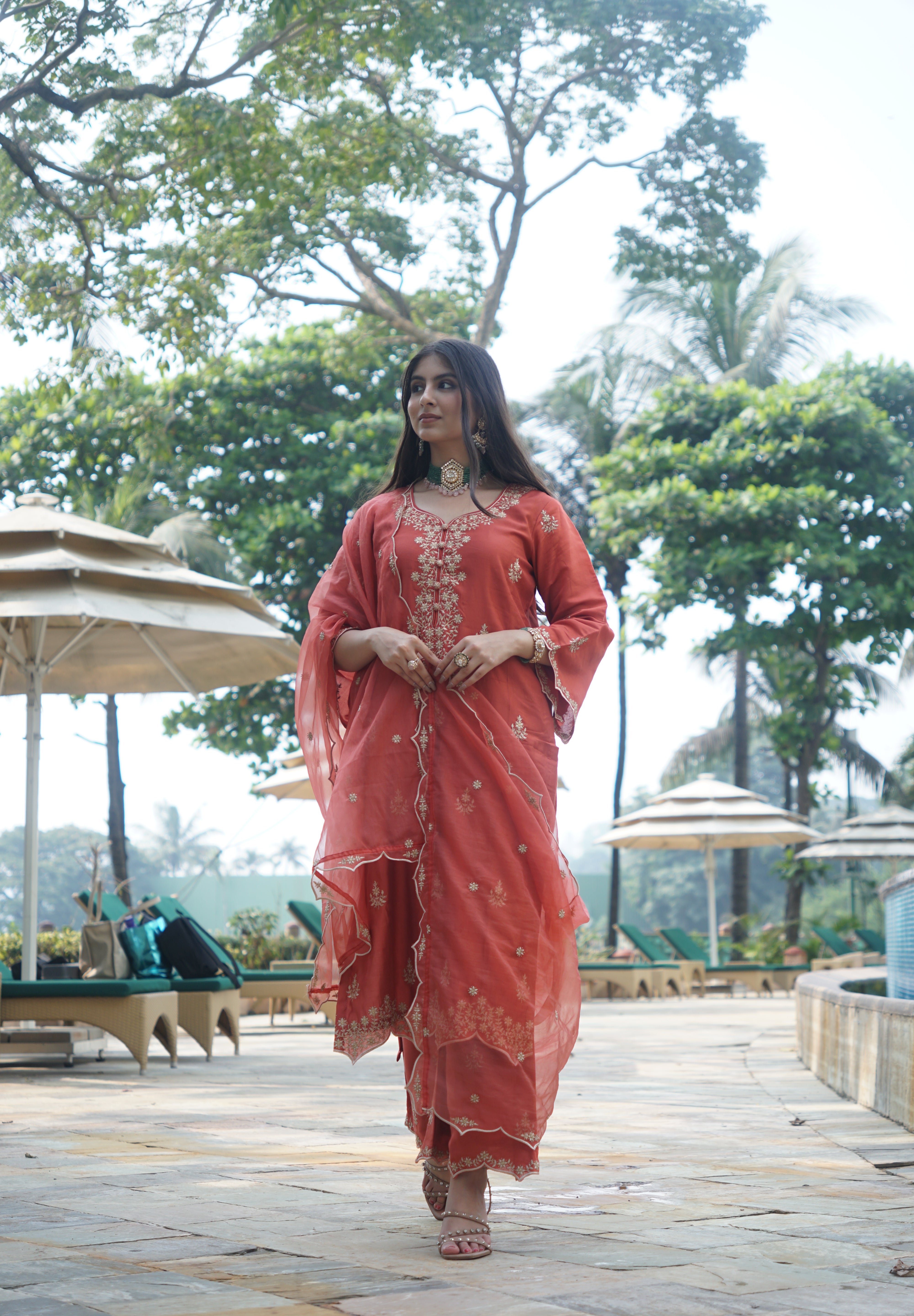 Kreesha in Rust Chanderi Suit Set