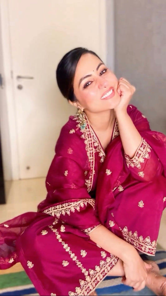 Hina Khan in Khushnir - Wine Chanderi Embroidered Suit Set