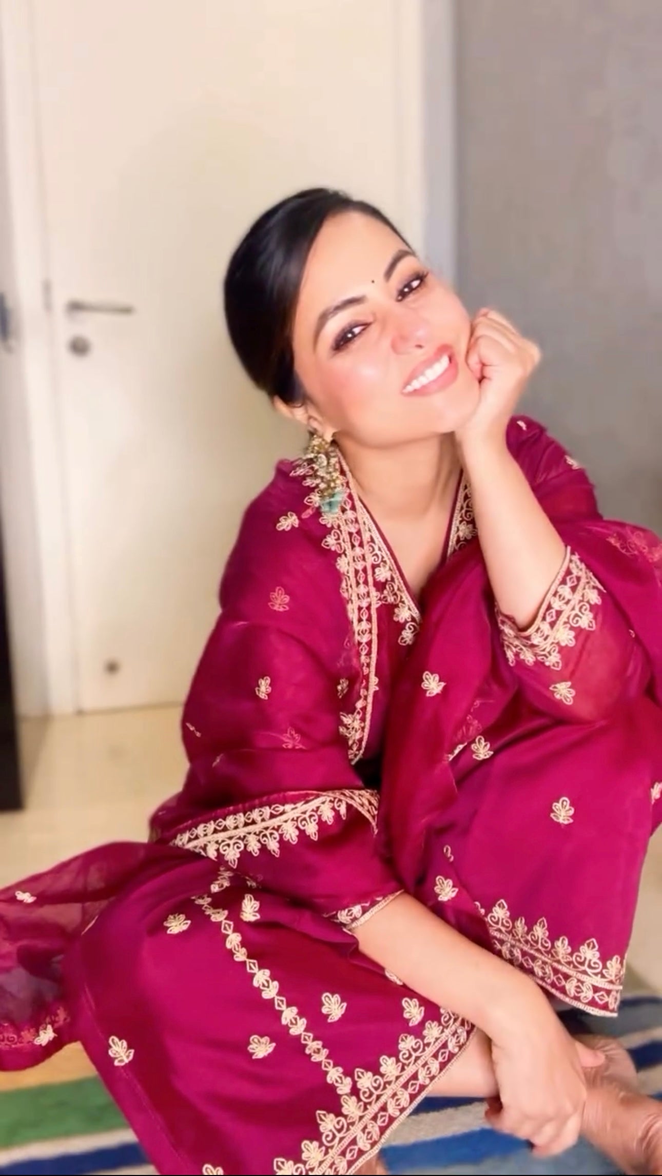 Hina Khan in Khushnir - Wine Chanderi Embroidered Suit Set