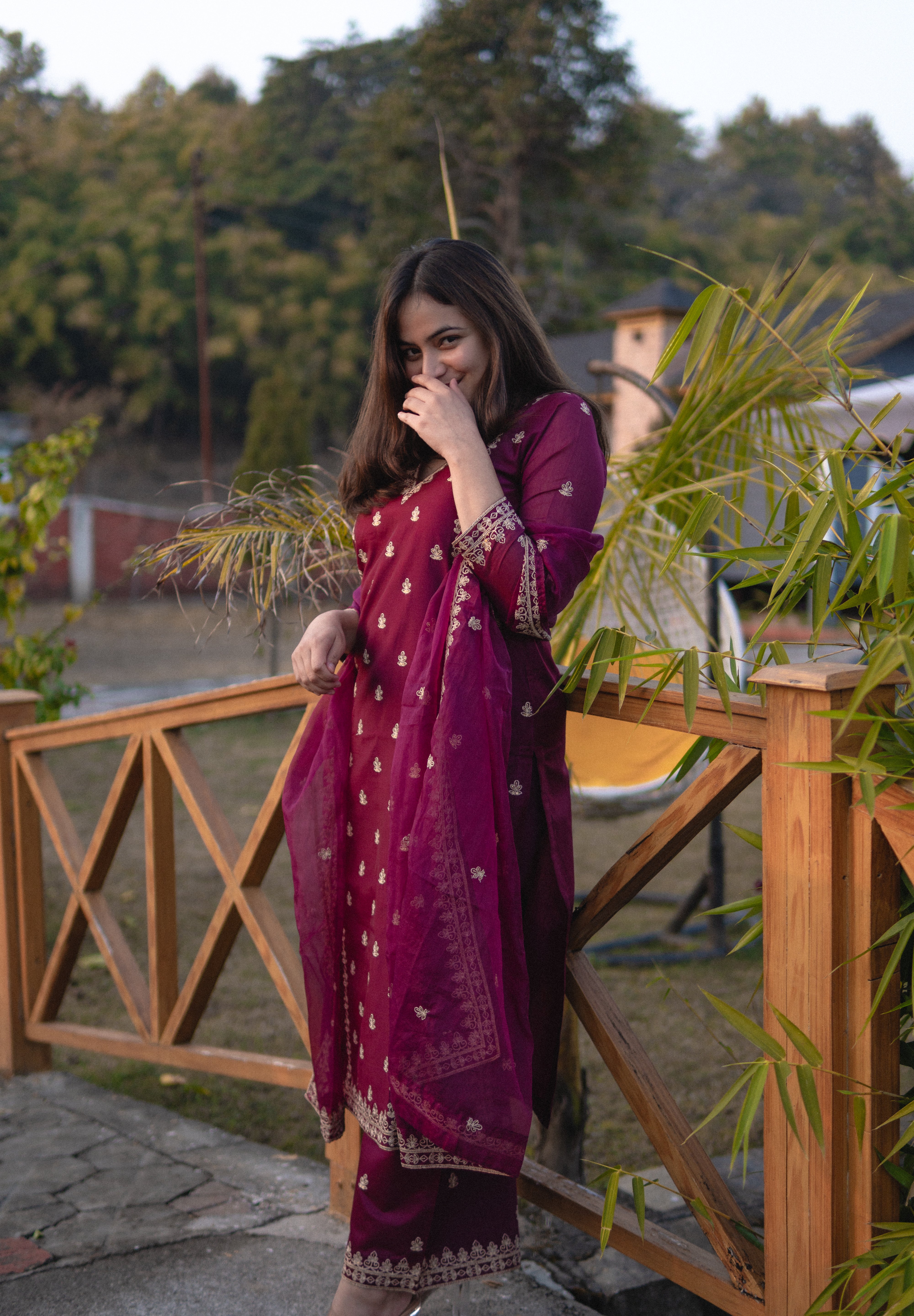 Shreyashi  Verma in Khushnir - Wine Chanderi Embroidered Suit Set