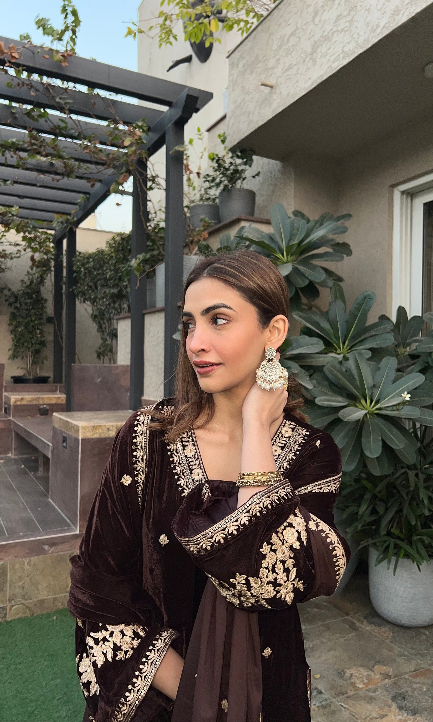 Shreya Lakhani in SWARA - Velvet Brown Straight Suit Set.