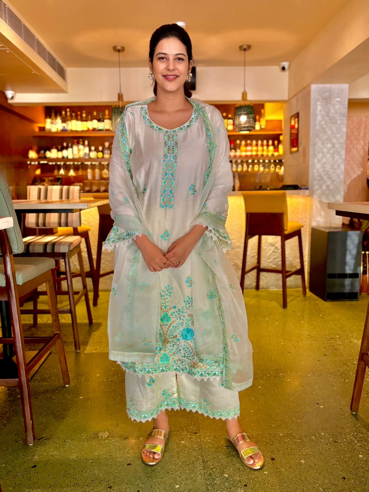 Salonie Patel in Asoniya - Ivory White Chanderi Embroidered Suit Set.