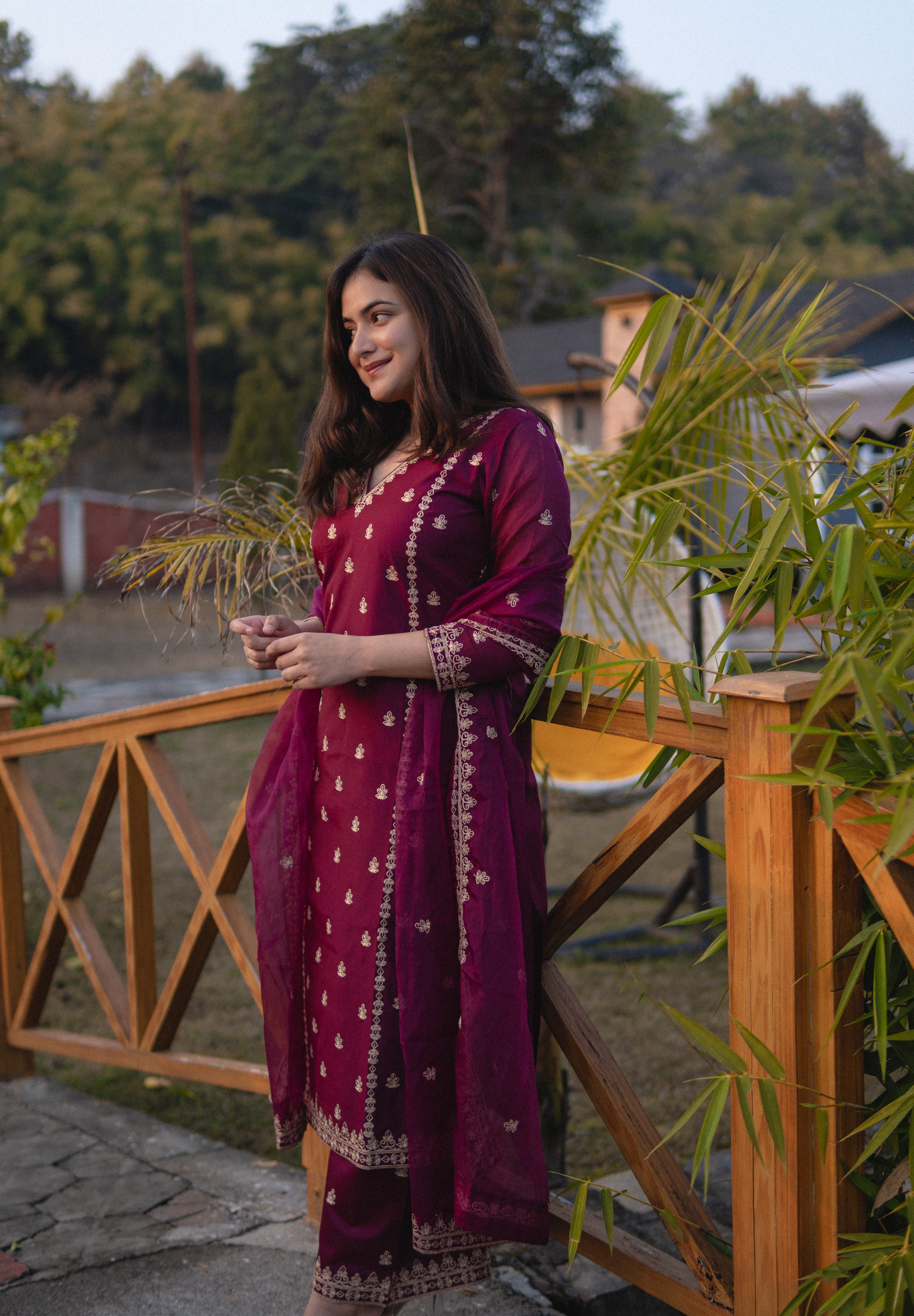 Shreyashi  Verma in Khushnir - Wine Chanderi Embroidered Suit Set