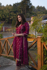 Shreyashi  Verma in Khushnir - Wine Chanderi Embroidered Suit Set