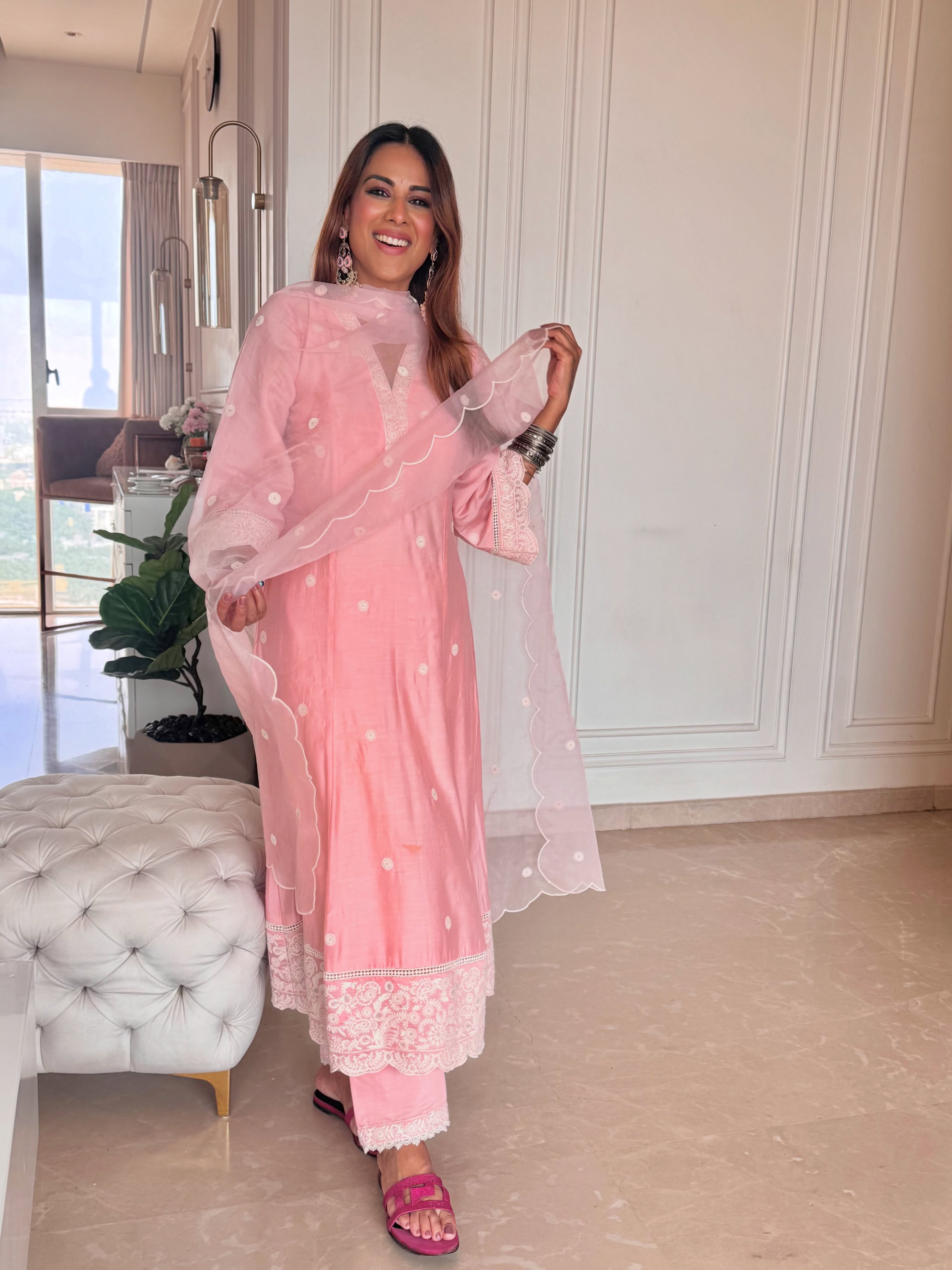 Nia Sharma in AAROHI - Blush Pink Chanderi A-line Suit Set