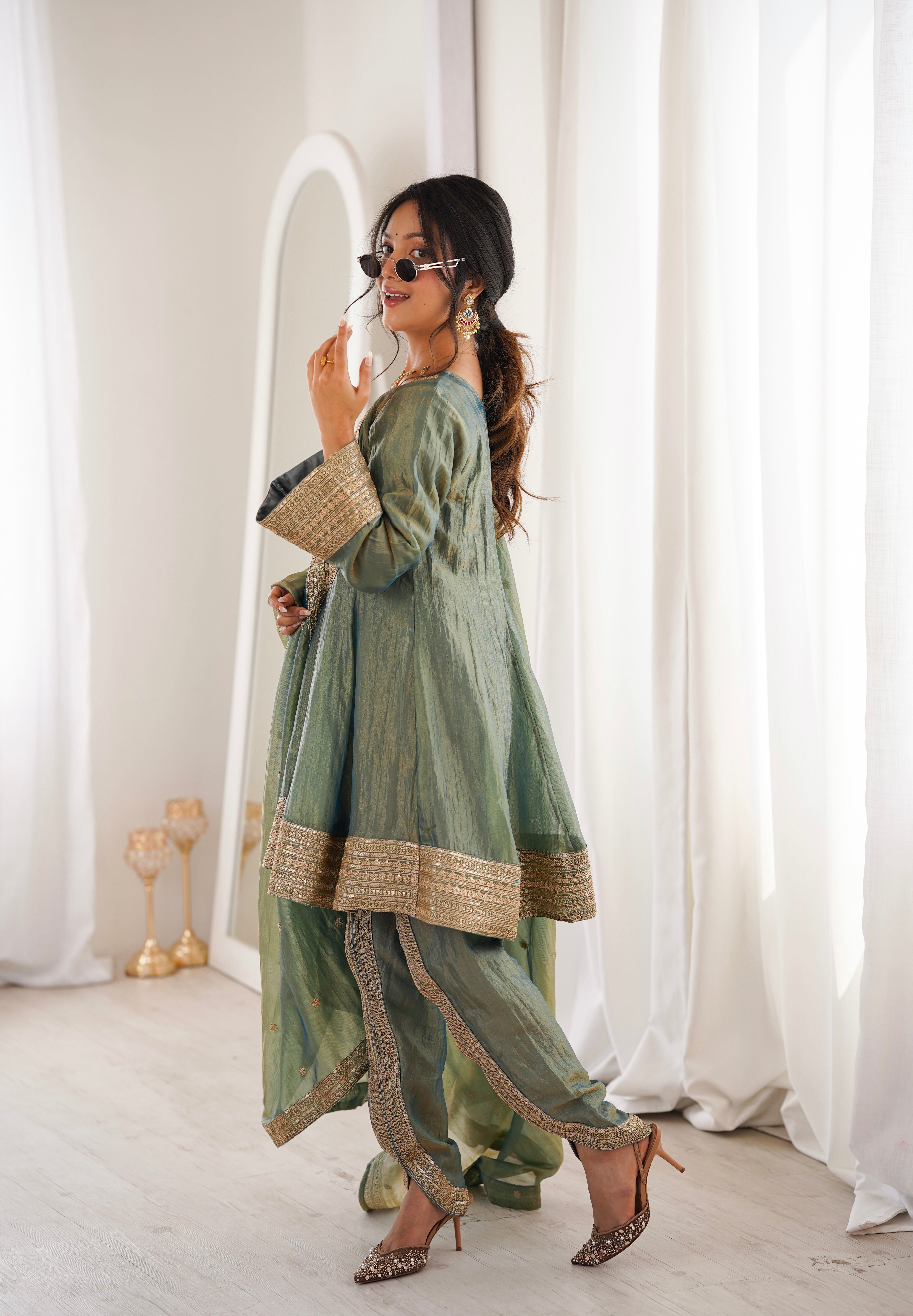 Arti Chauhan in ZIA - Sage Blue Tissue-Organza Anarkali Set.