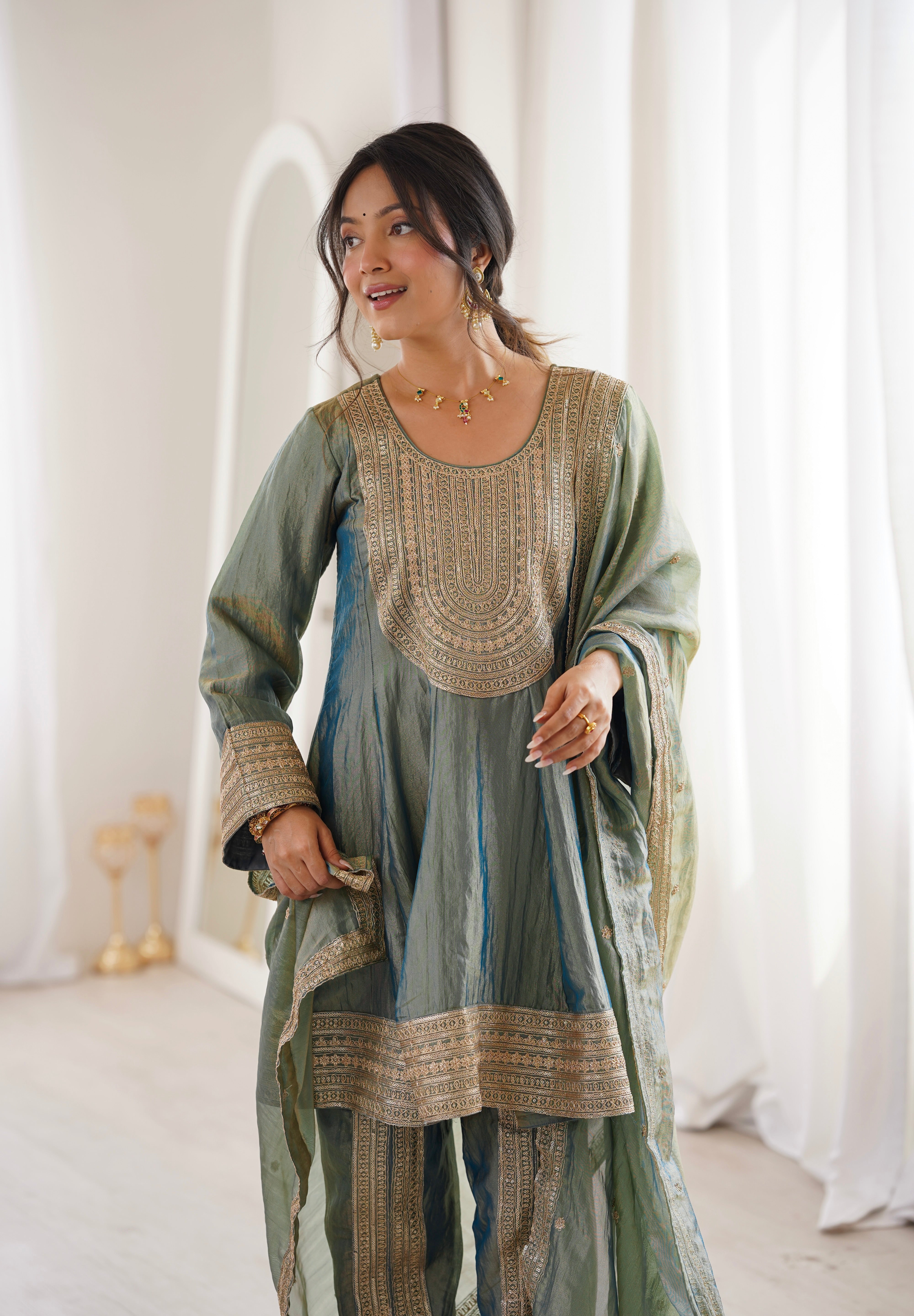 Arti Chauhan in ZIA - Sage Blue Tissue-Organza Anarkali Set.