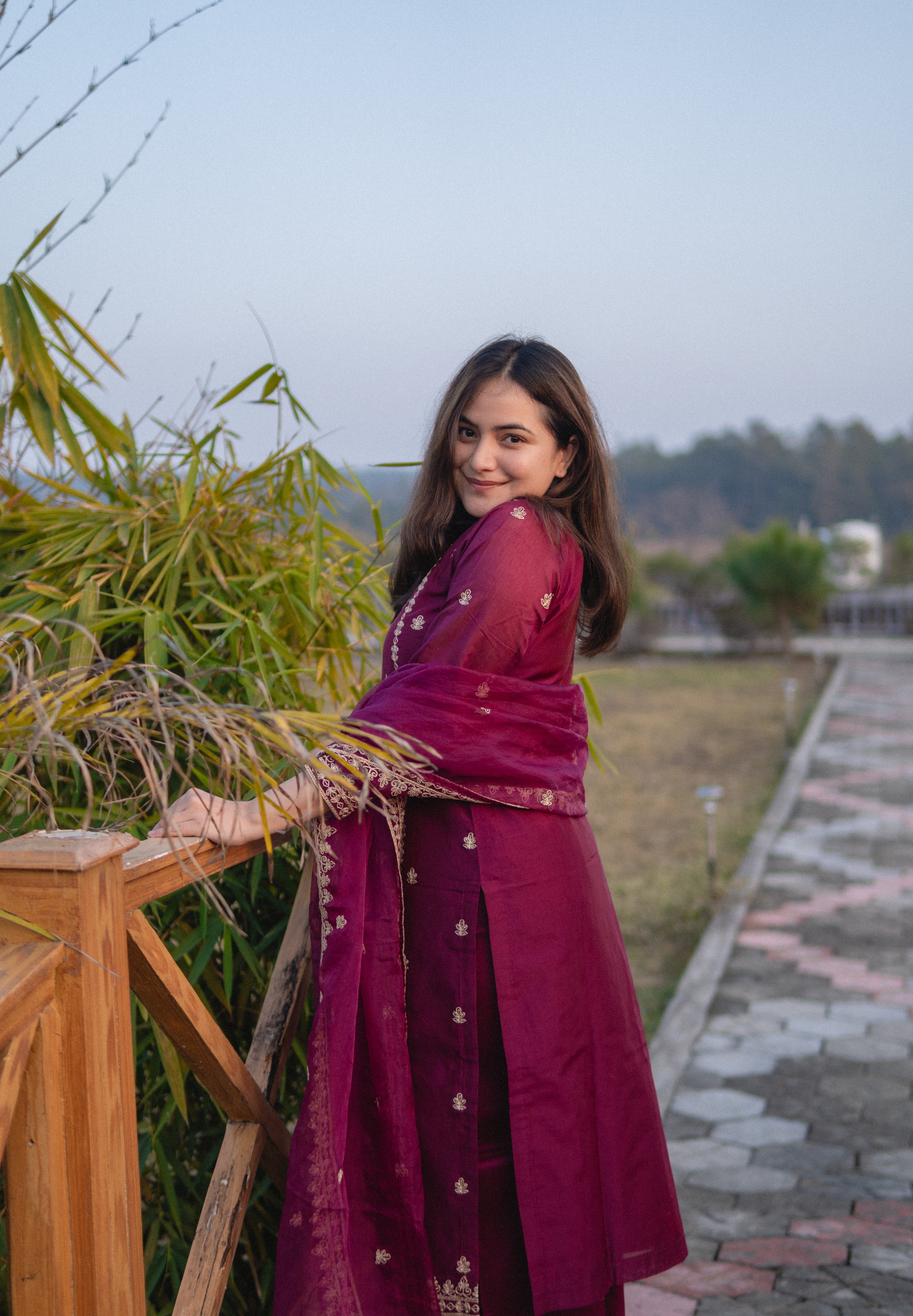 Shreyashi  Verma in Khushnir - Wine Chanderi Embroidered Suit Set